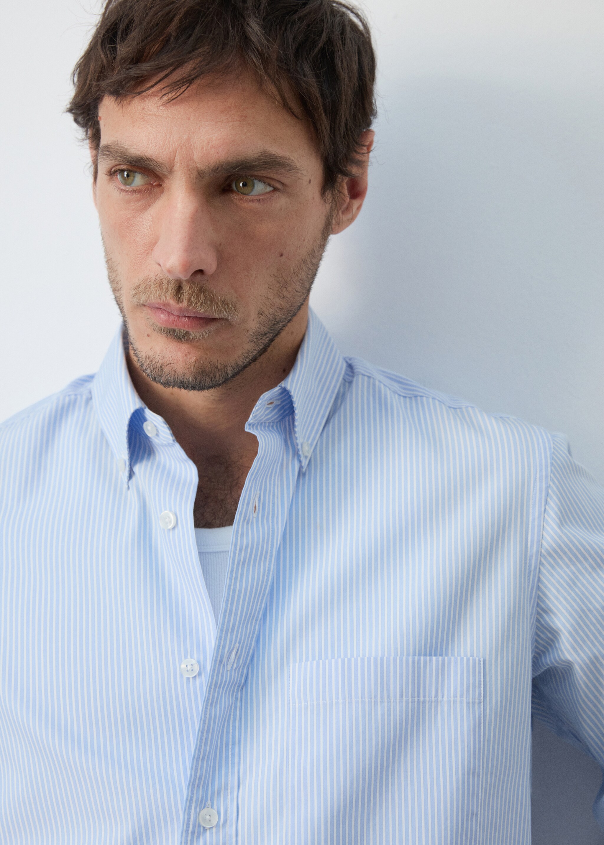 Regular-fit striped 100% cotton shirt - Details of the article 1, Sky Blue. Ref: 27055945-00.