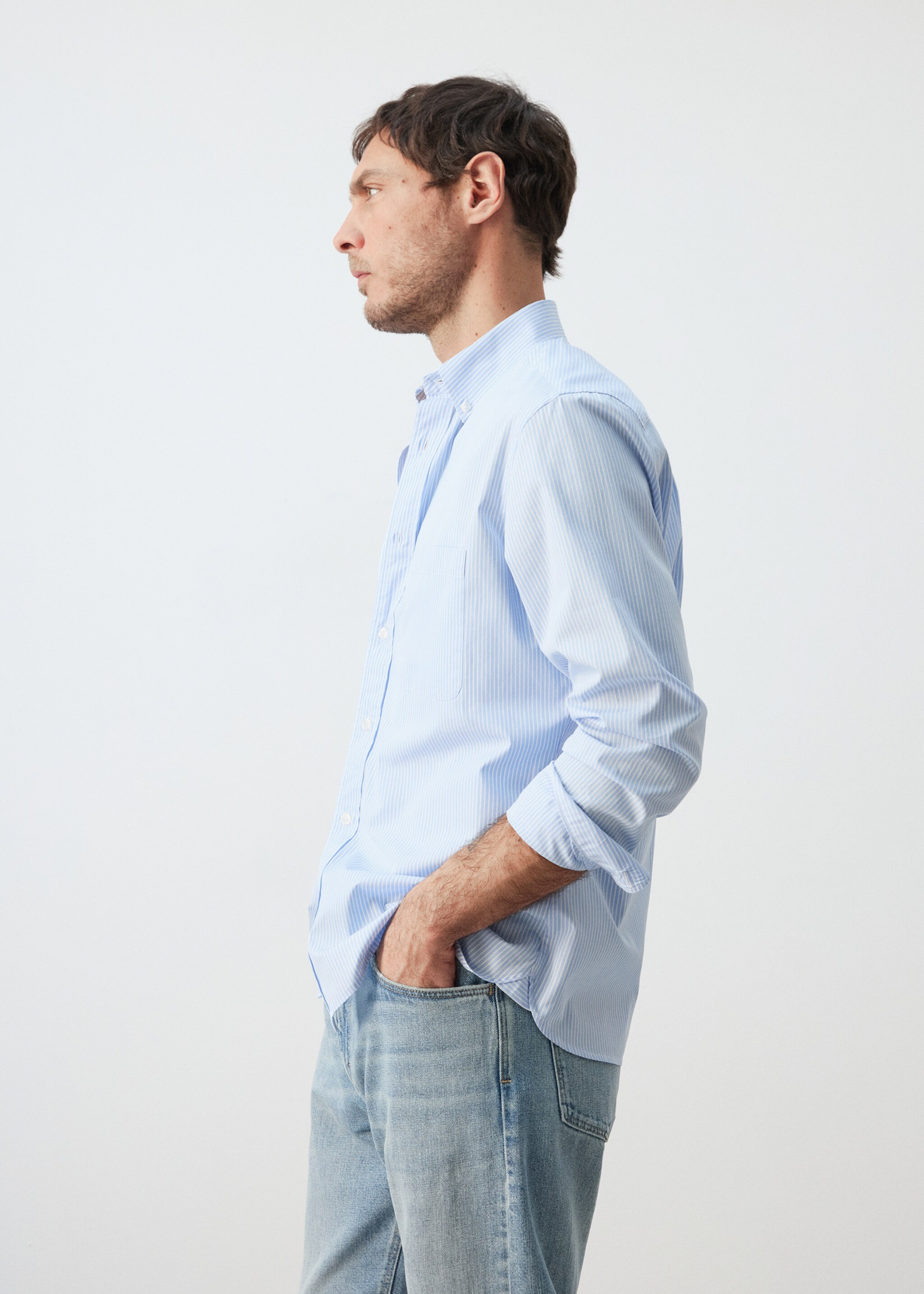Regular-fit striped 100% cotton shirt - Details of the article 6, Sky Blue. Ref: 27055945-00.