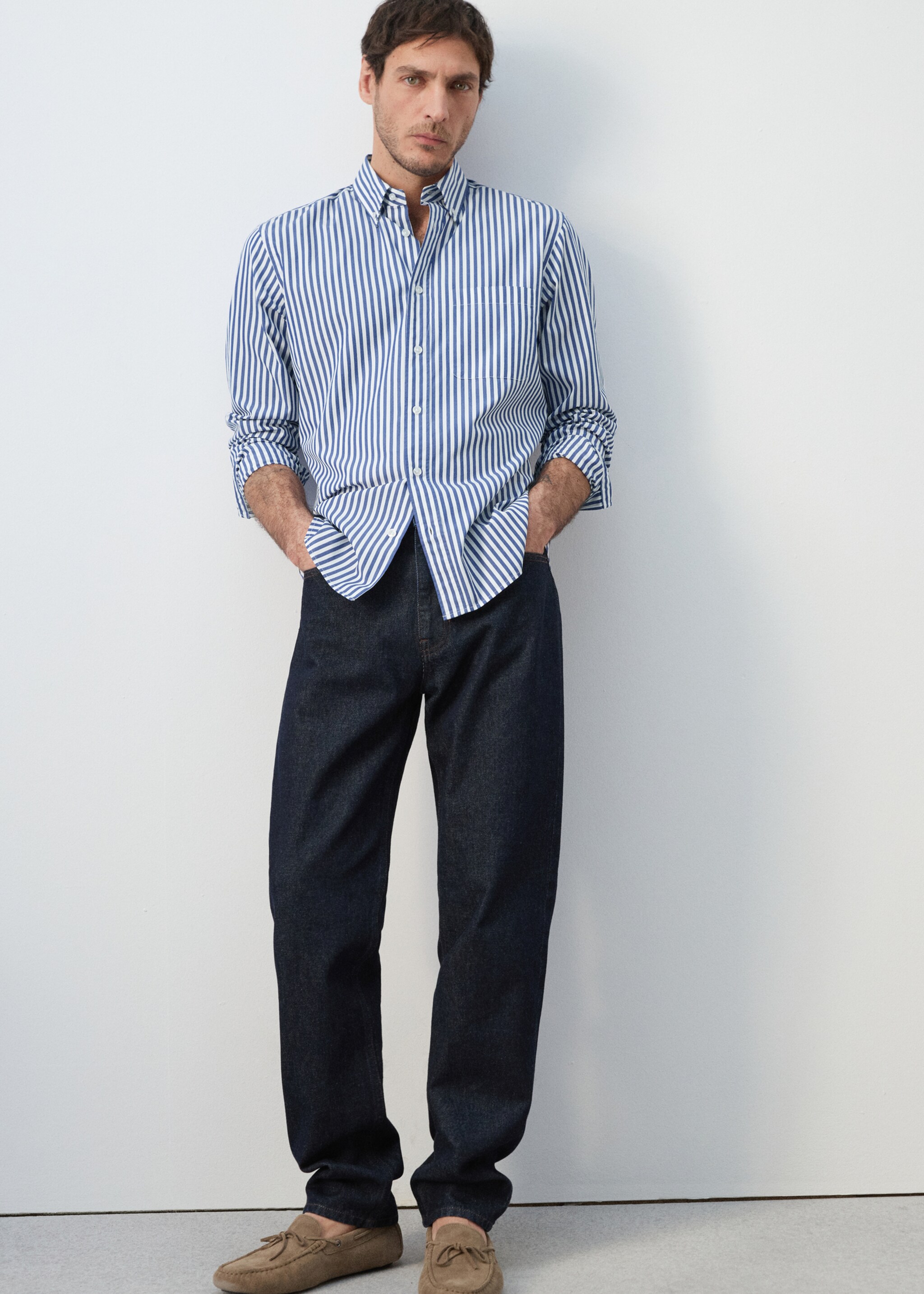 Regular-fit striped 100% cotton shirt - Details of the article 4, Vibrant blue. Ref: 27055945-00.