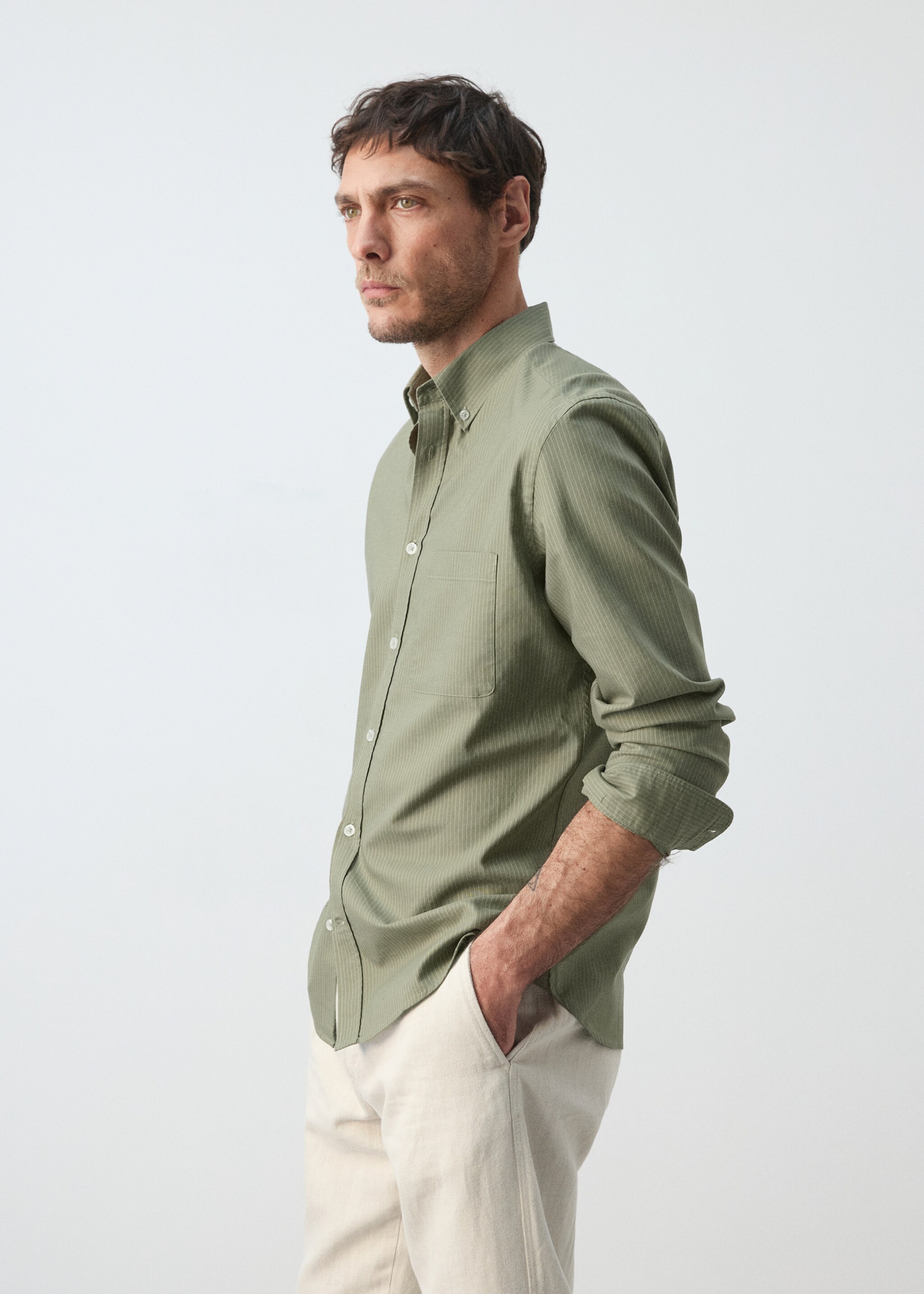 Oxford shirt, regular fit, 100% cotton, striped - Details of the article 2, Green. Ref: 27055947-00.