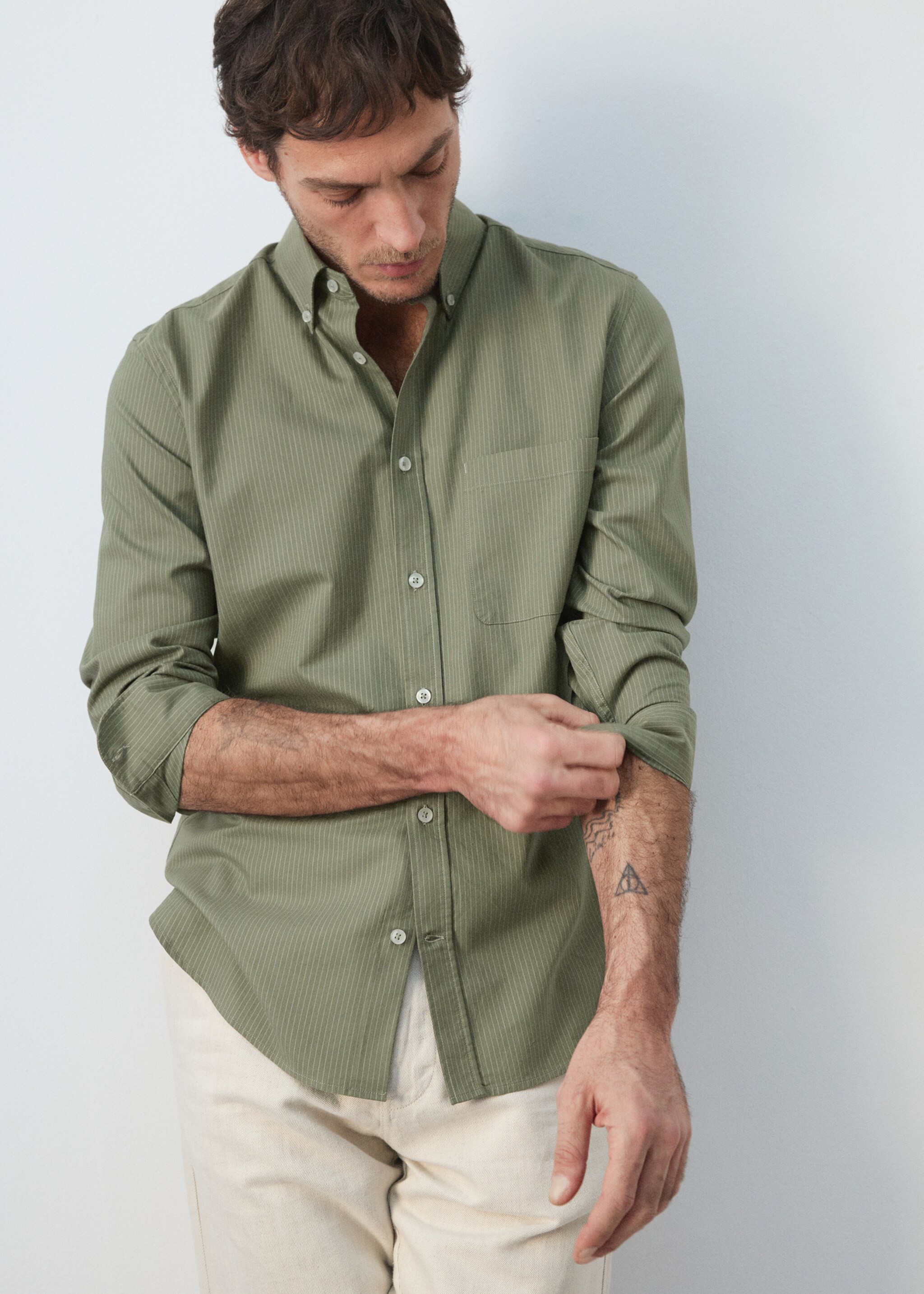 Oxford shirt, regular fit, 100% cotton, striped - Details of the article 6, Green. Ref: 27055947-00.