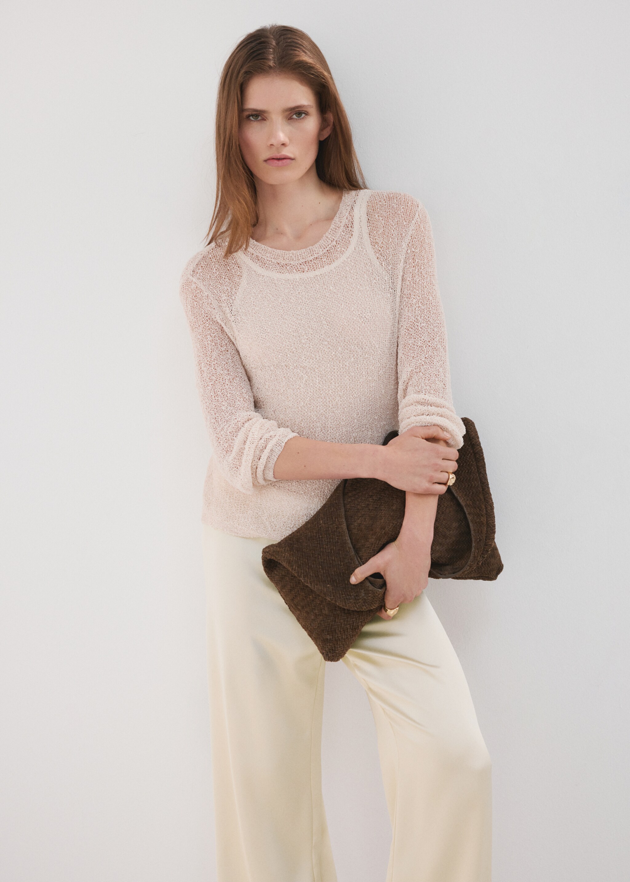 Satin straight-fit trousers - Details of the article 1, Ecru. Ref: 27056751-00.