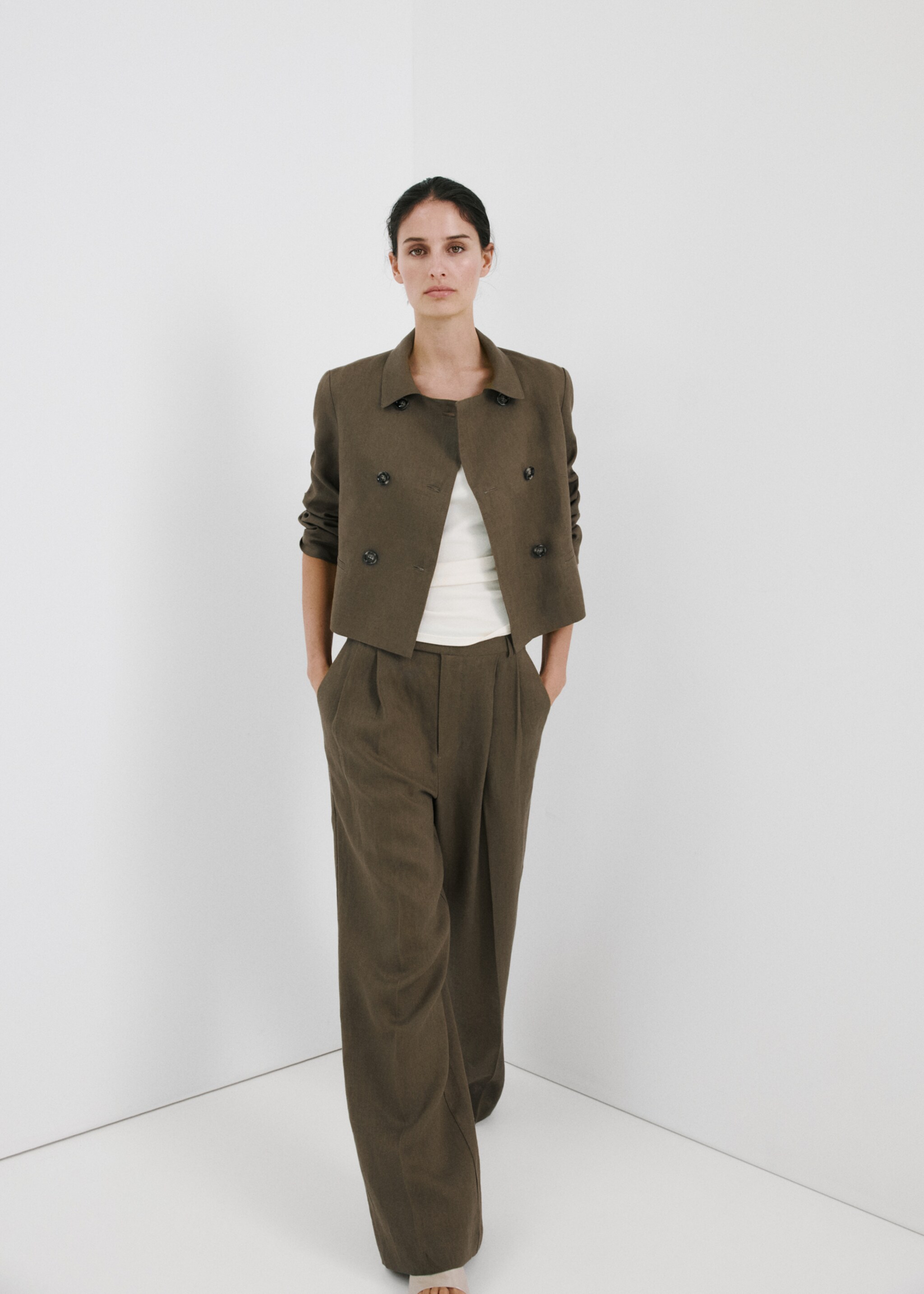 Straight linen-blend trousers - Details of the article 2, Khaki. Ref: 27057142-00.