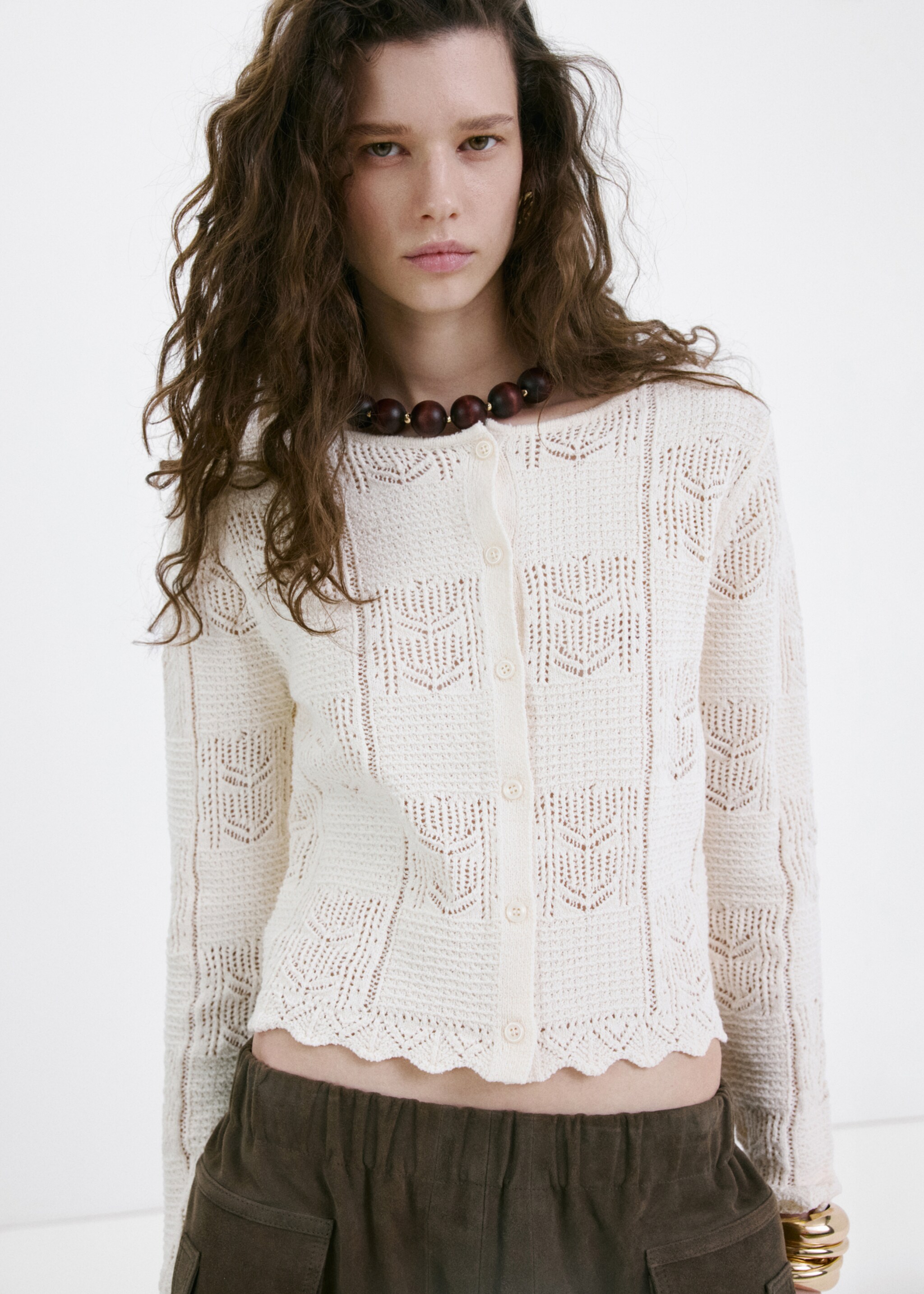Openwork detail knit cardigan - Medium plane, Ecru. Ref: 27057144-00.