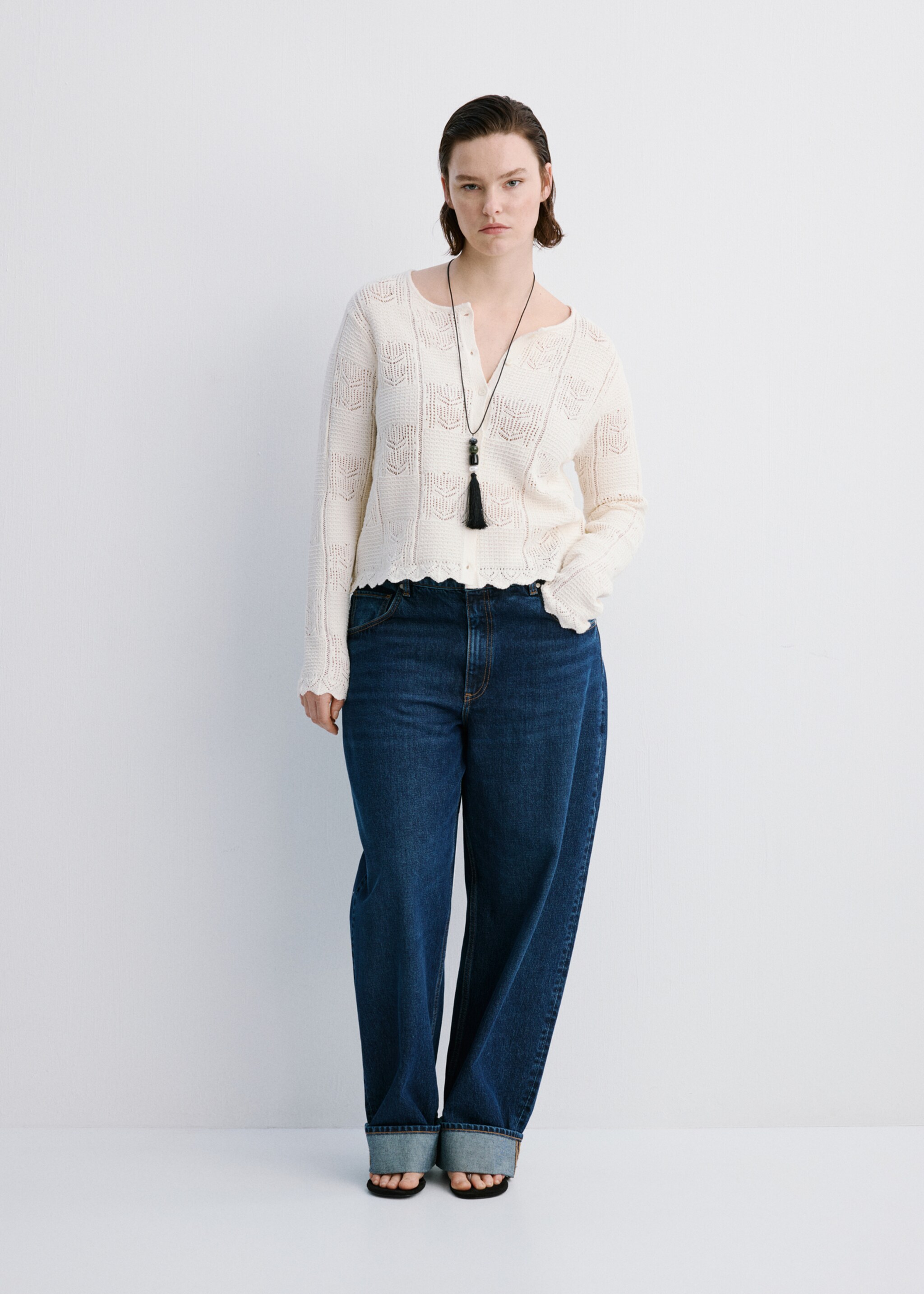 Openwork detail knit cardigan - Details of the article 3, Ecru. Ref: 27057144-00.