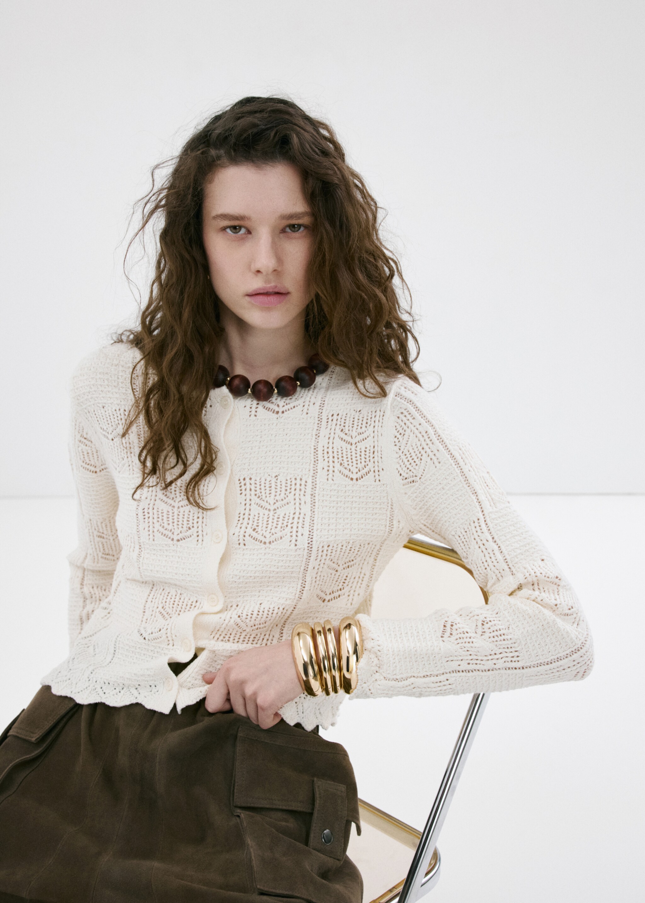 Openwork detail knit cardigan - Details of the article 6, Ecru. Ref: 27057144-00.