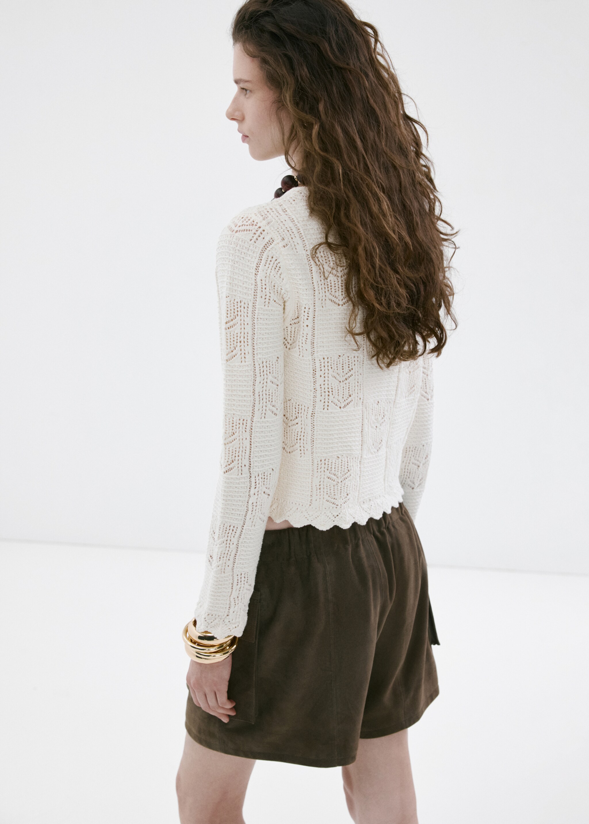 Openwork detail knit cardigan - Reverse of the article, Ecru. Ref: 27057144-00.