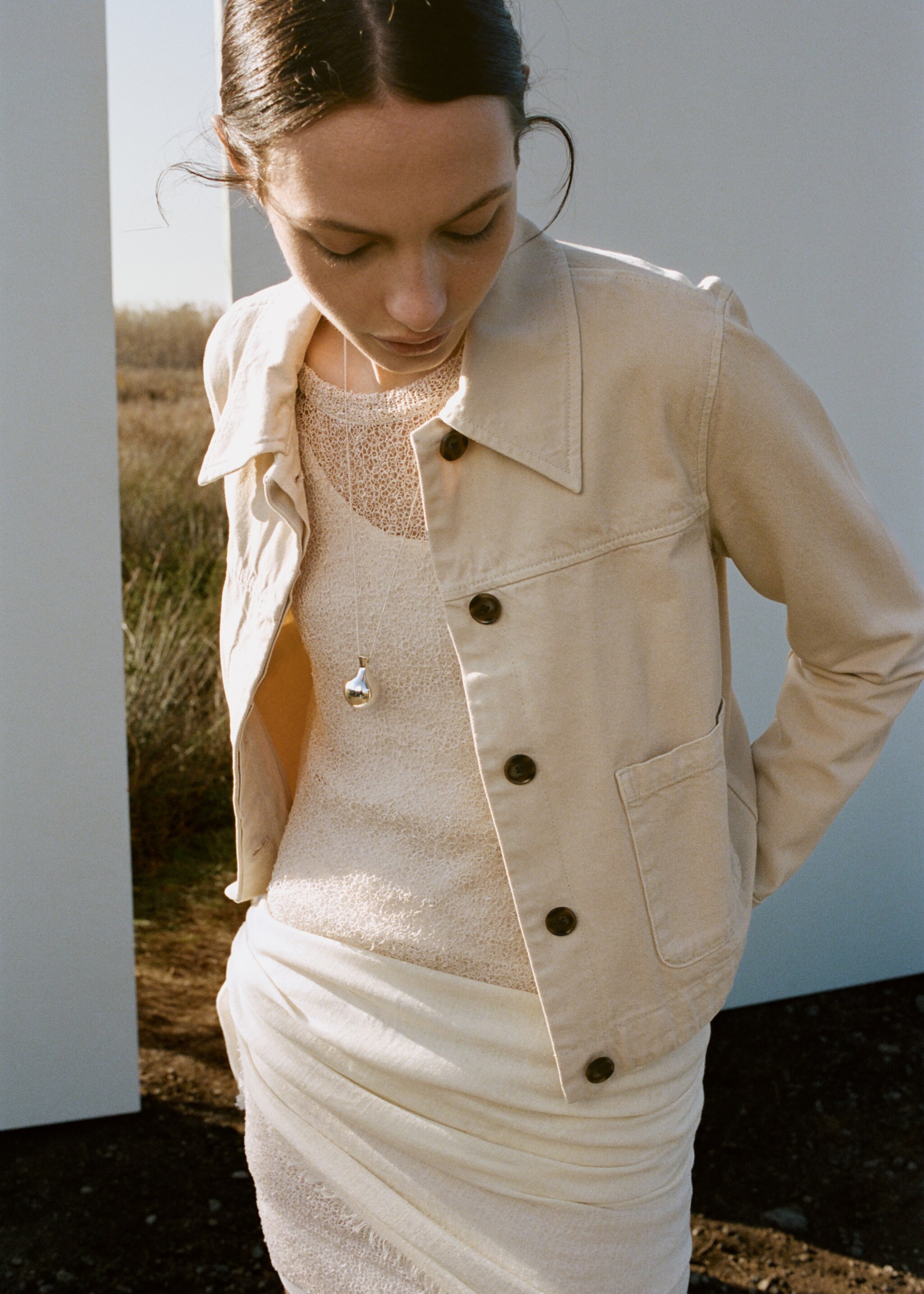 Pockets denim jacket - Medium plane, Vanilla. Ref: 27057154-00.