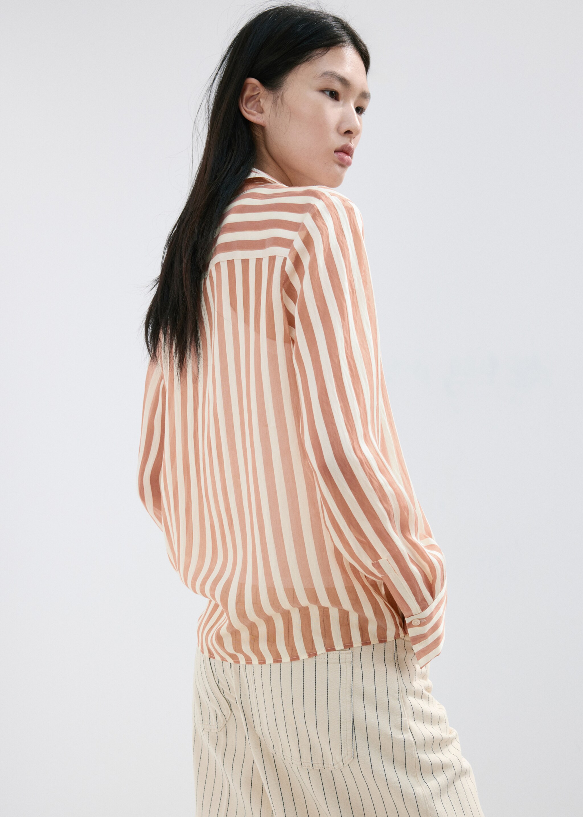 Semi-transparent striped lyocell shirt - Reverse of the article, Brown. Ref: 27057157-00.