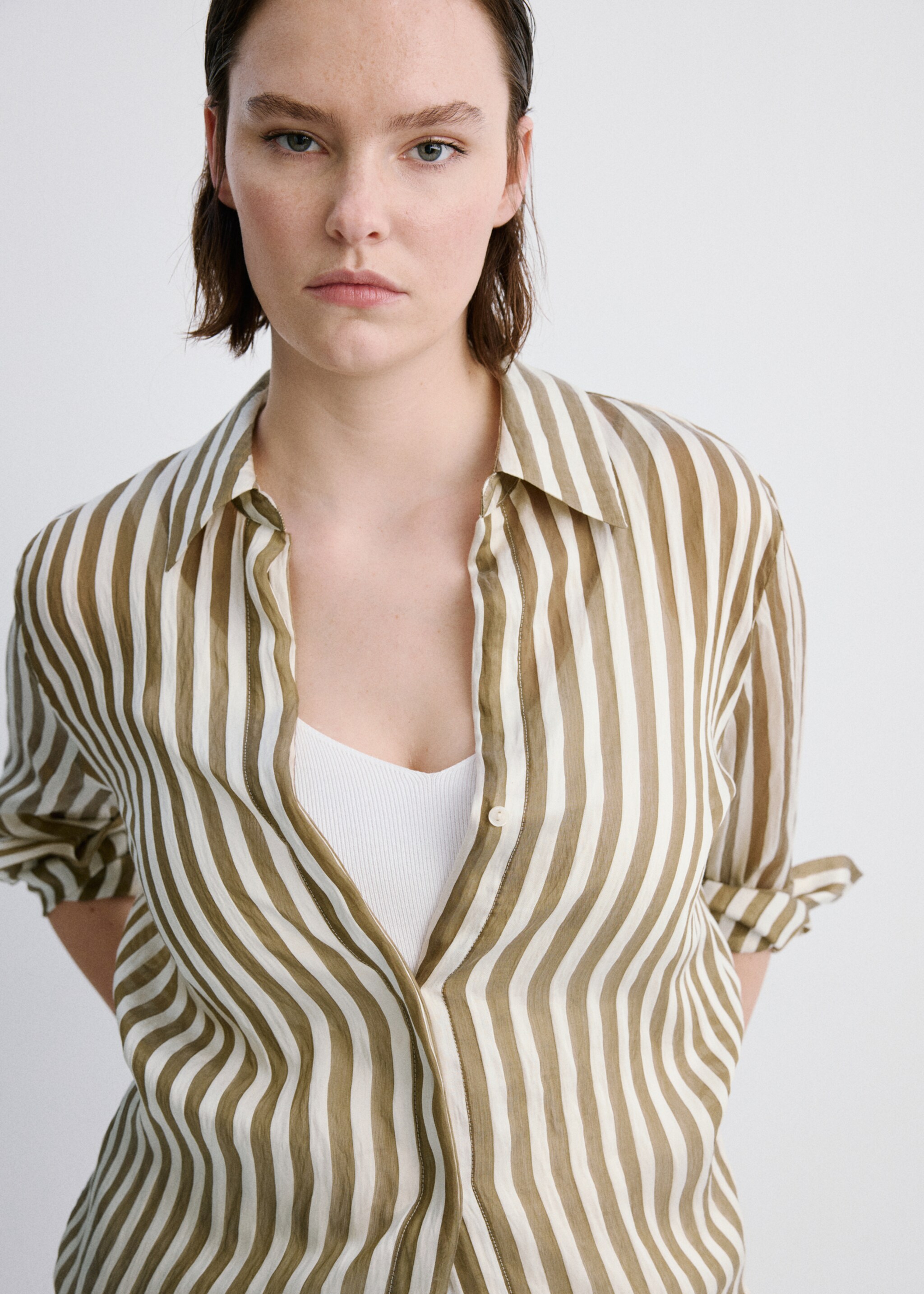 Striped lyocell shirt - Details of the article 4, Khaki. Ref: 27057157-00.