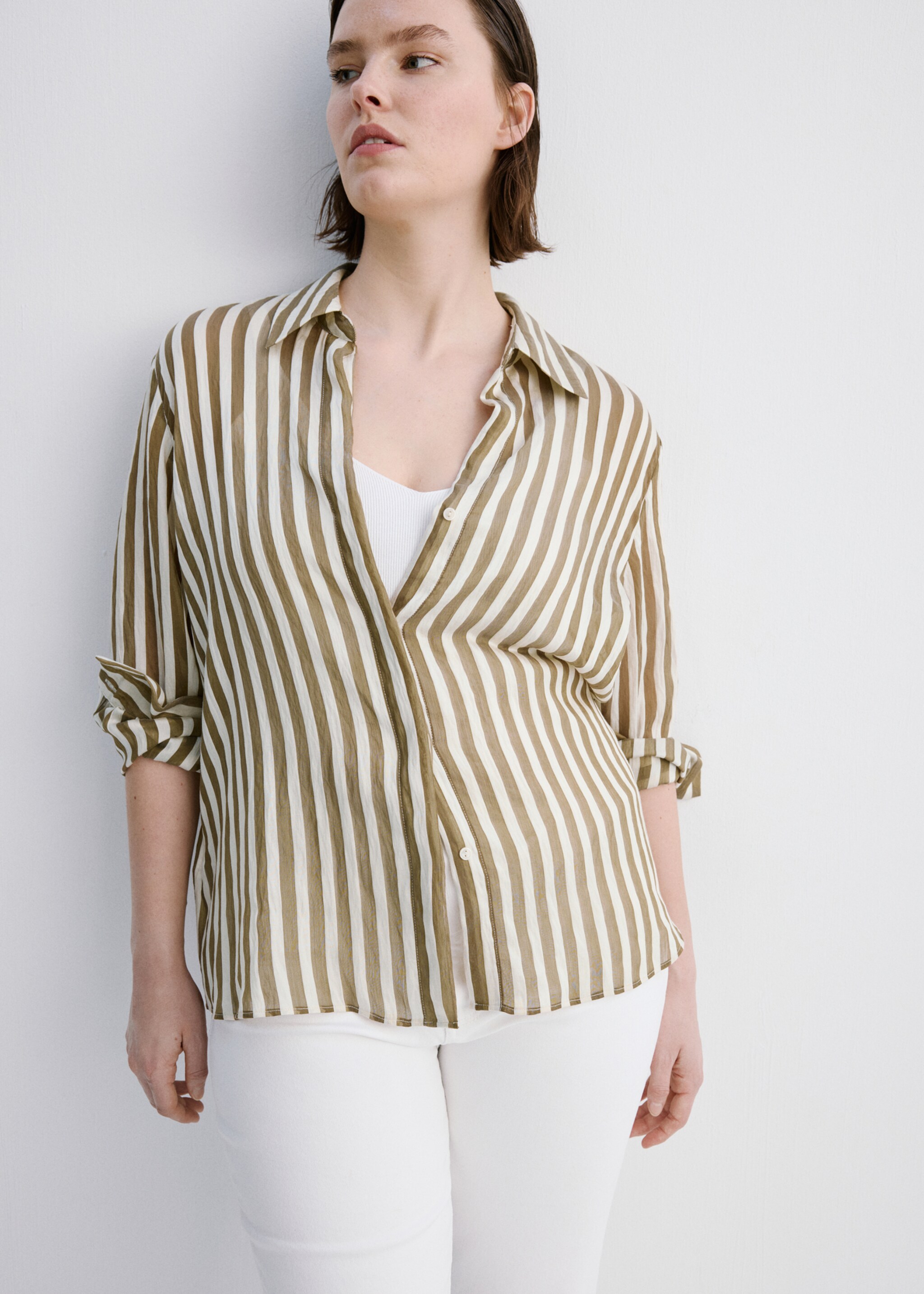 Striped lyocell shirt - Details of the article 5, Khaki. Ref: 27057157-00.