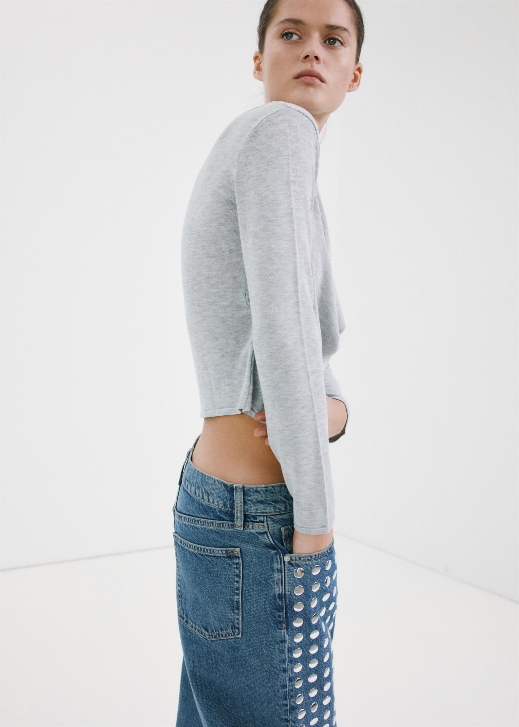 Straight-fit jeans with studs - Details of the article 1, Medium Blue. Ref: 27057169-00.