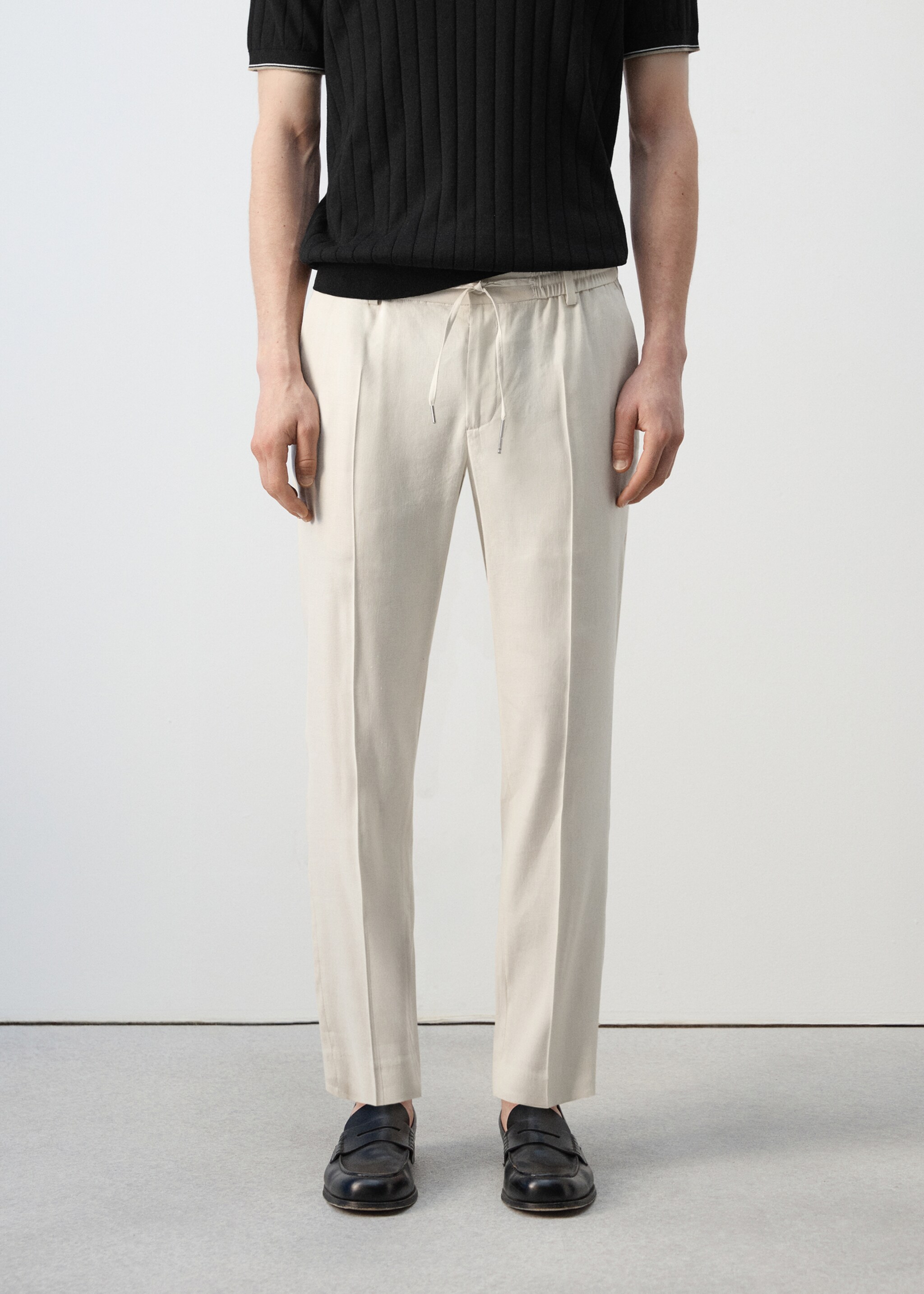Pantalón slim fit lino cordón - Plano medio, Blanco marfil. Ref: 27057895-00.
