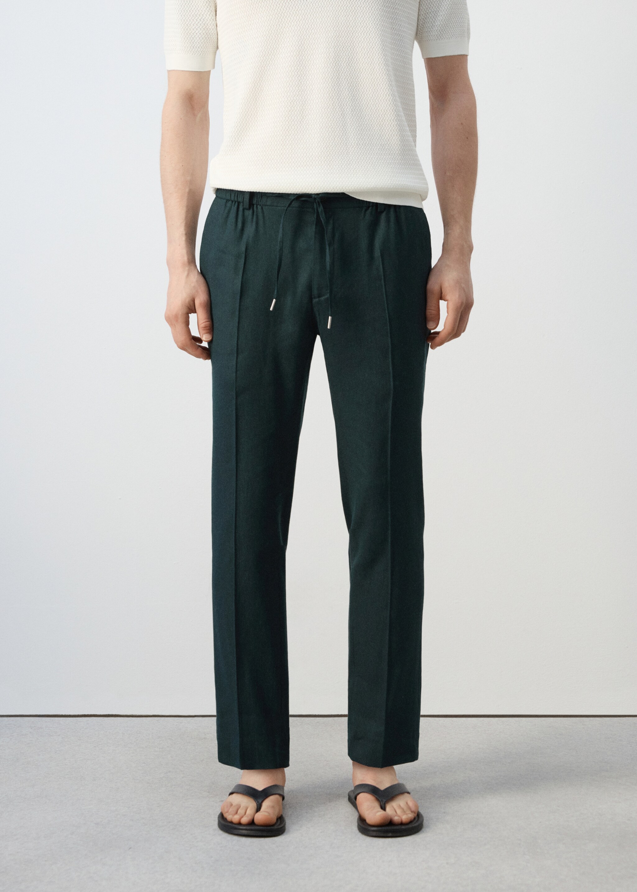 Pantalón slim fit lino cordón - Plano medio, Verde oscuro. Ref: 27057895-00.