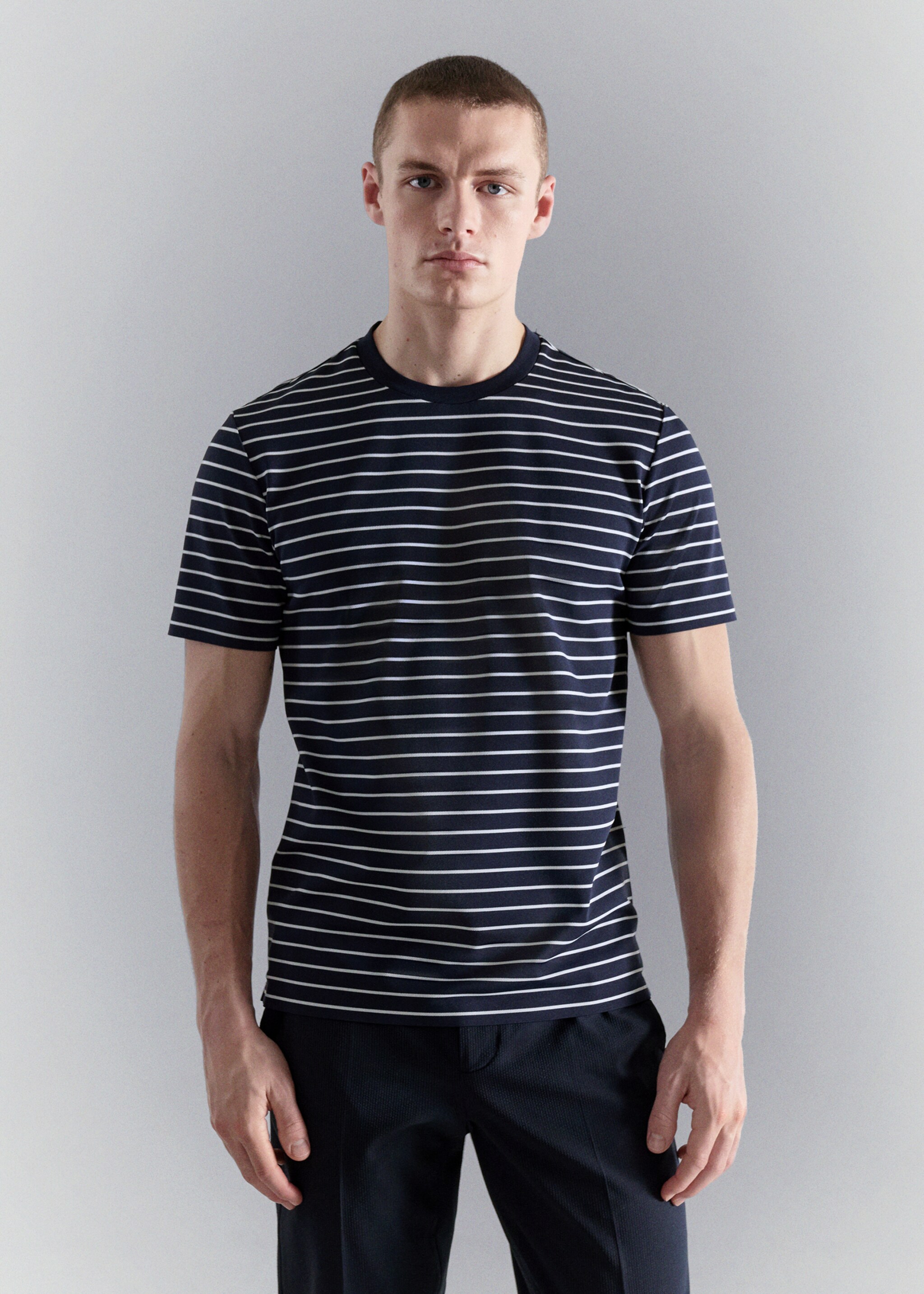 Slim fit striped COOLMAX® T-shirt - Medium plane, Navy. Ref: 27057910-00.