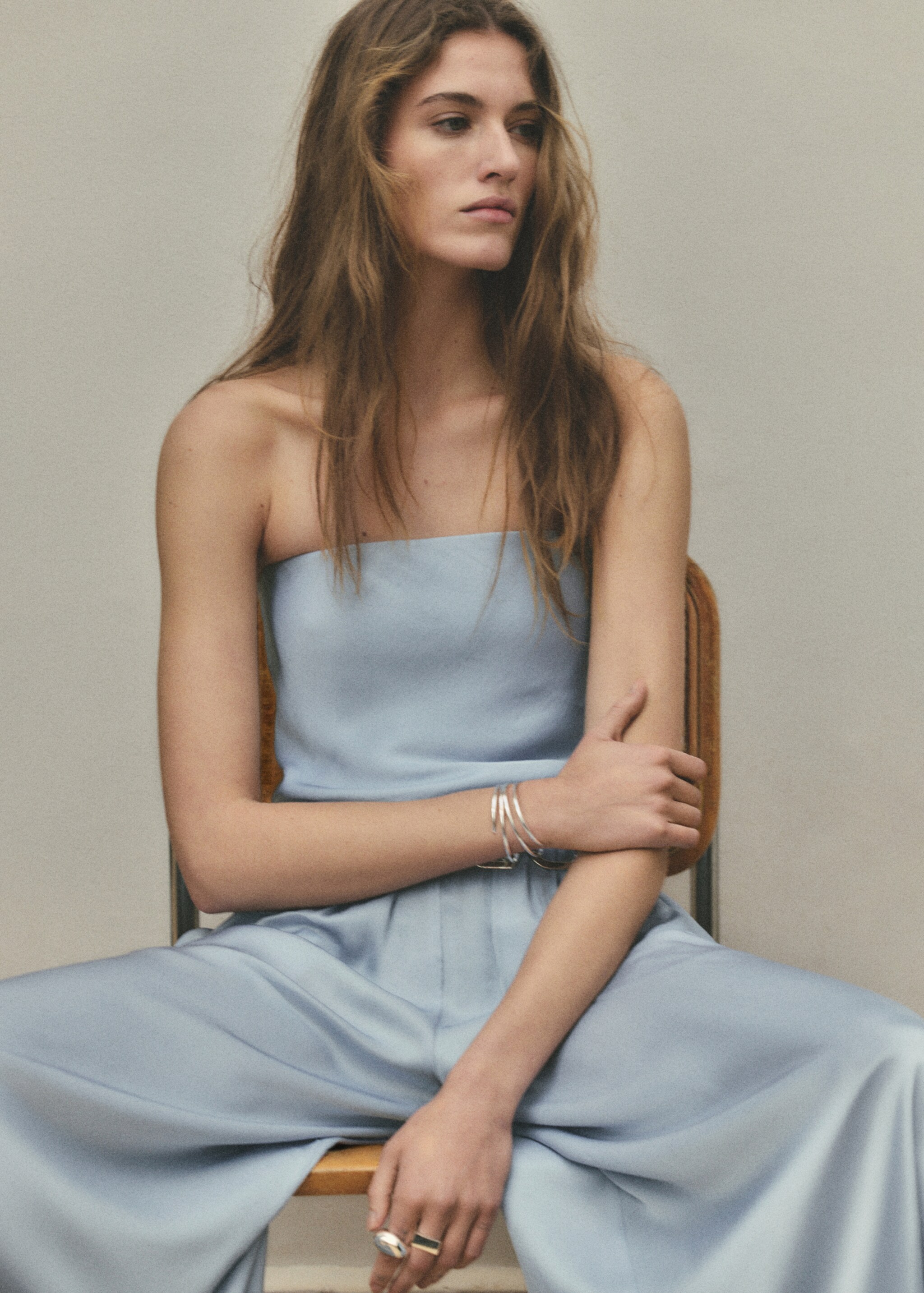 Strapless top with ruffles - Details of the article 2, Sky Blue. Ref: 27057941-00.