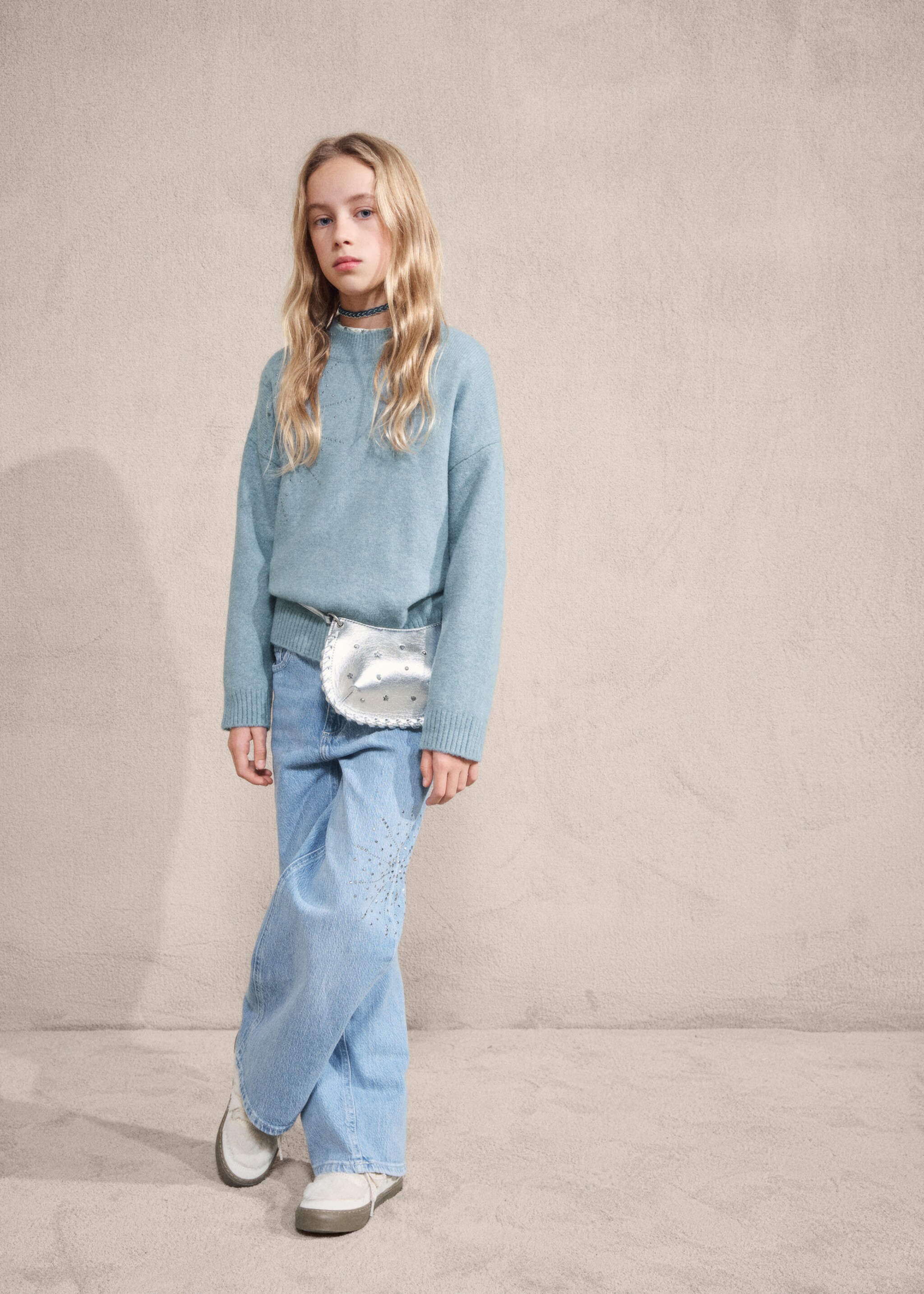 Sweater with rhinestpme details - Details of the article 5, Aqua Green. Ref: 27061179-00.