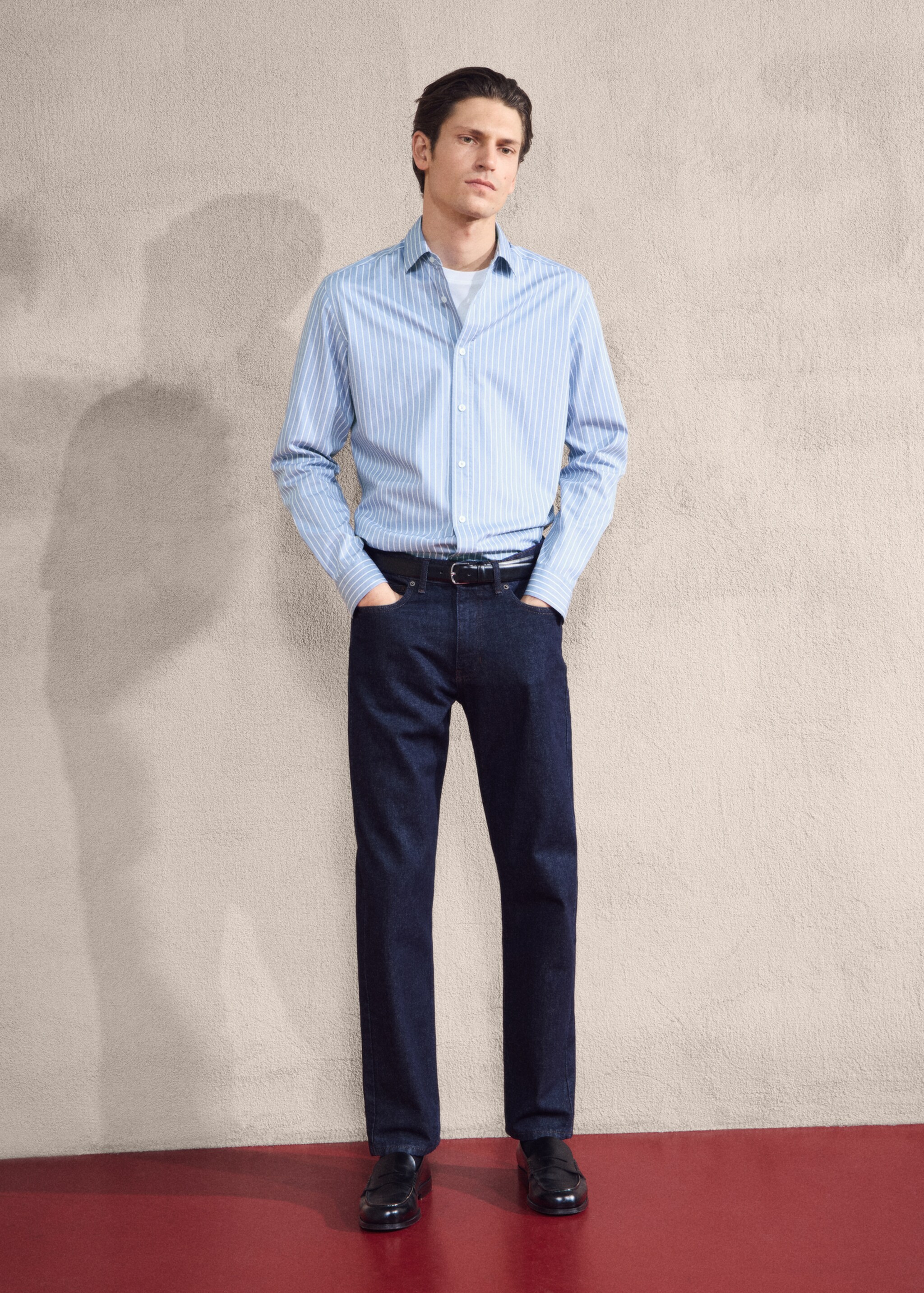 Regular fit striped cotton shirt - Details of the article 3, Blue. Ref: 27061231-00.