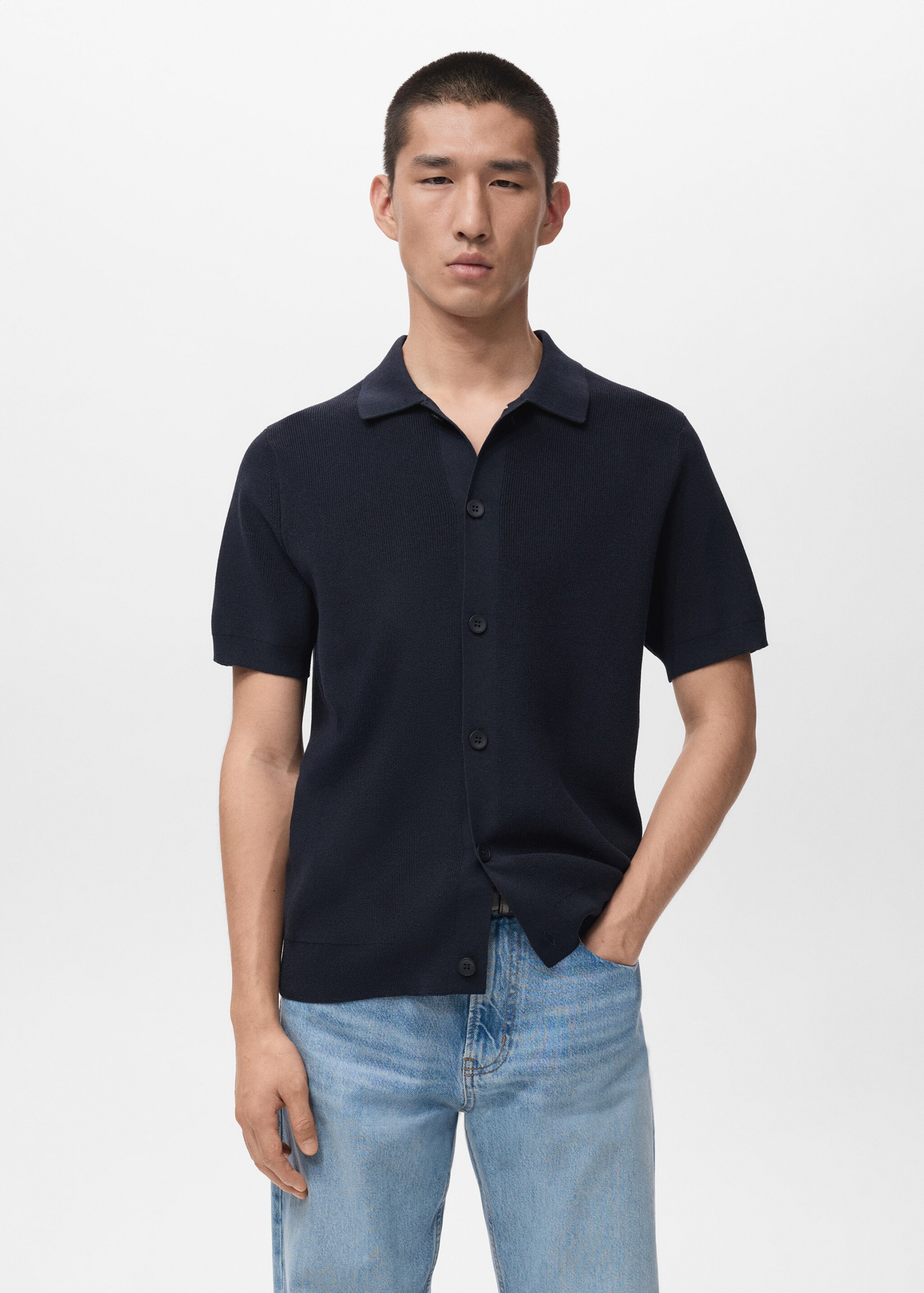 Chemise maille coton - Plan moyen, Bleu marine. Ref: 27061234-00.