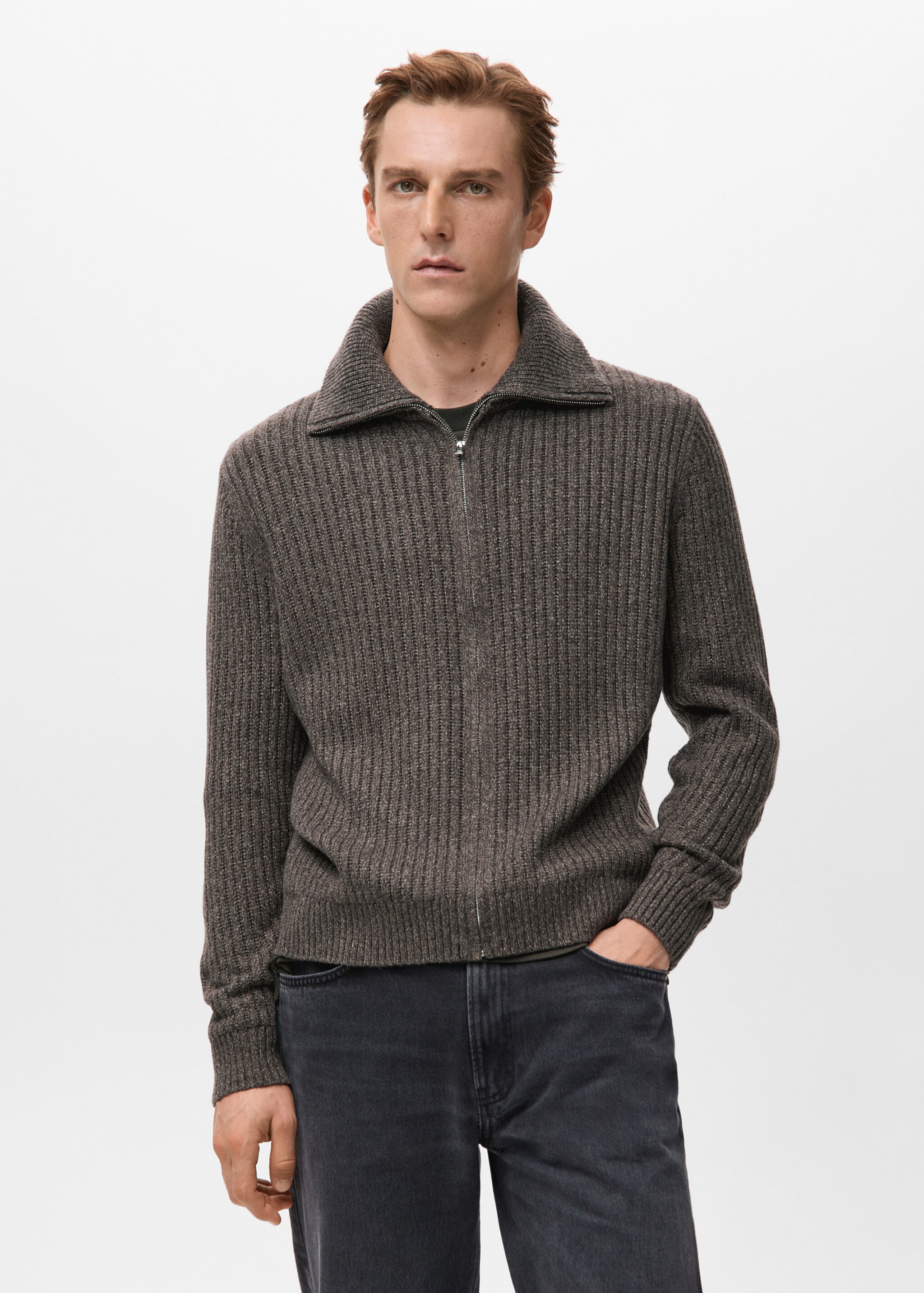 Ribbed-knit cardigan with zip - Medium plane, Chocolate. Ref: 27061250-00.