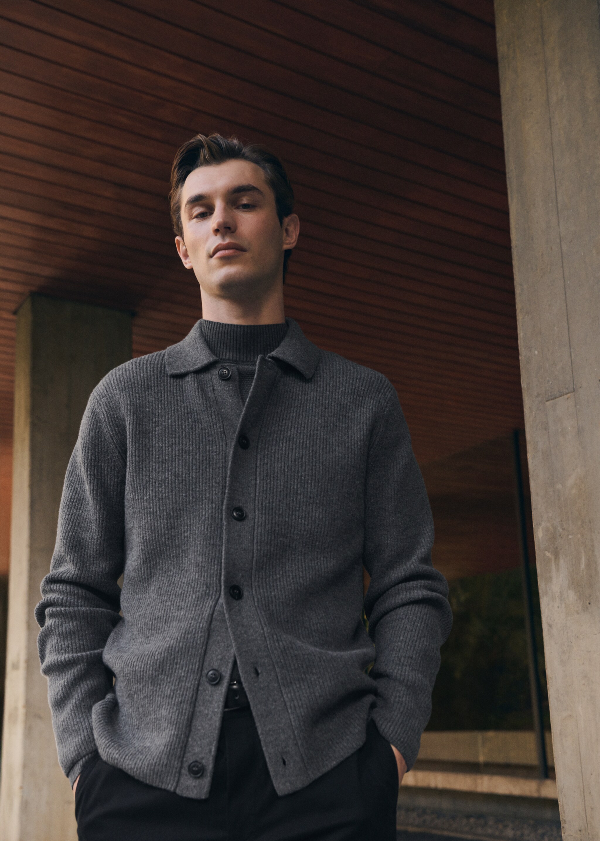 Ribbed knit cardigan - Details of the article 3, Medium Heather Grey. Ref: 27061251-00.