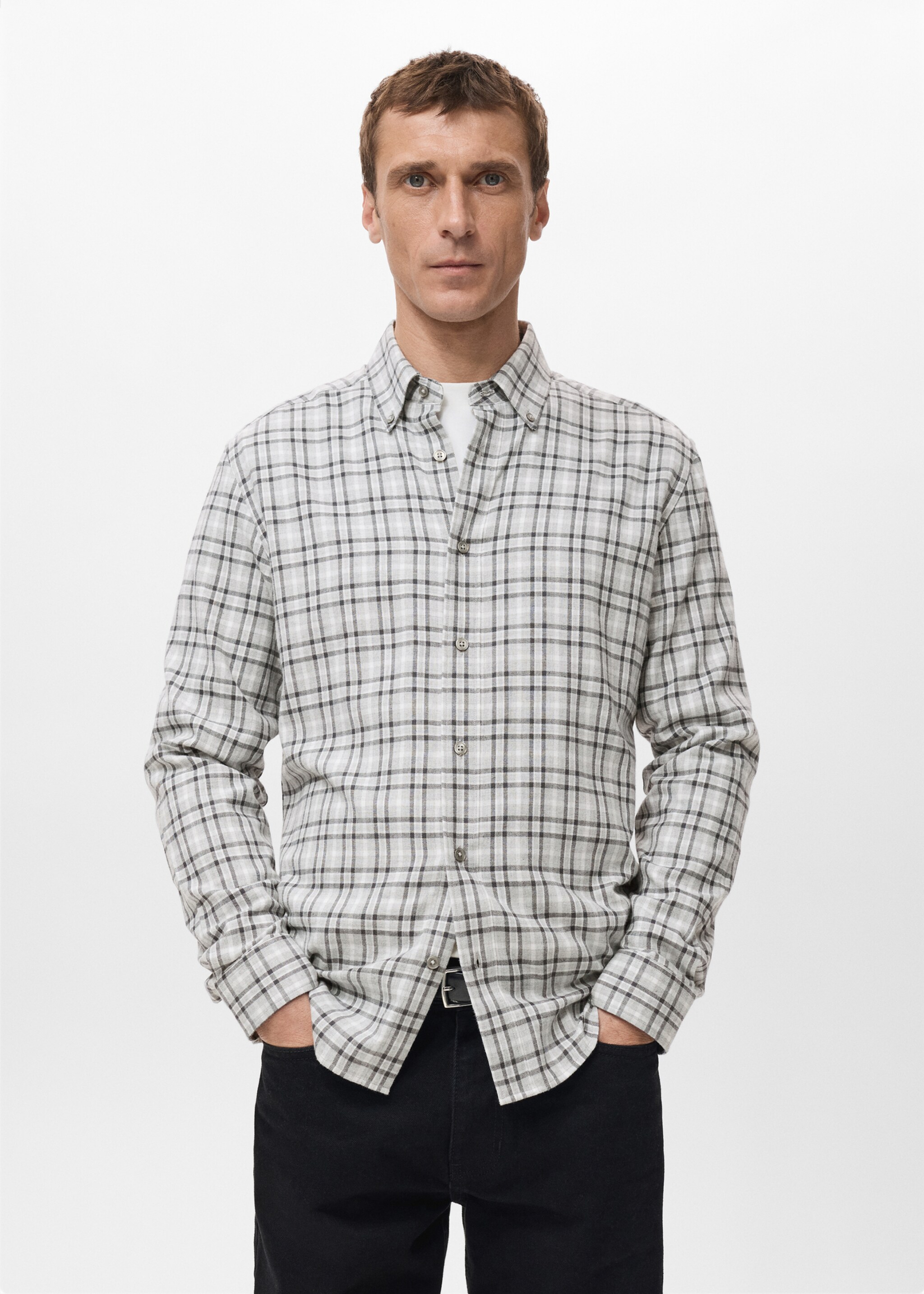 Regular Fit Plaid Flannel Shirt - Medium plane, Light Heather Grey. Ref: 27061258-00.