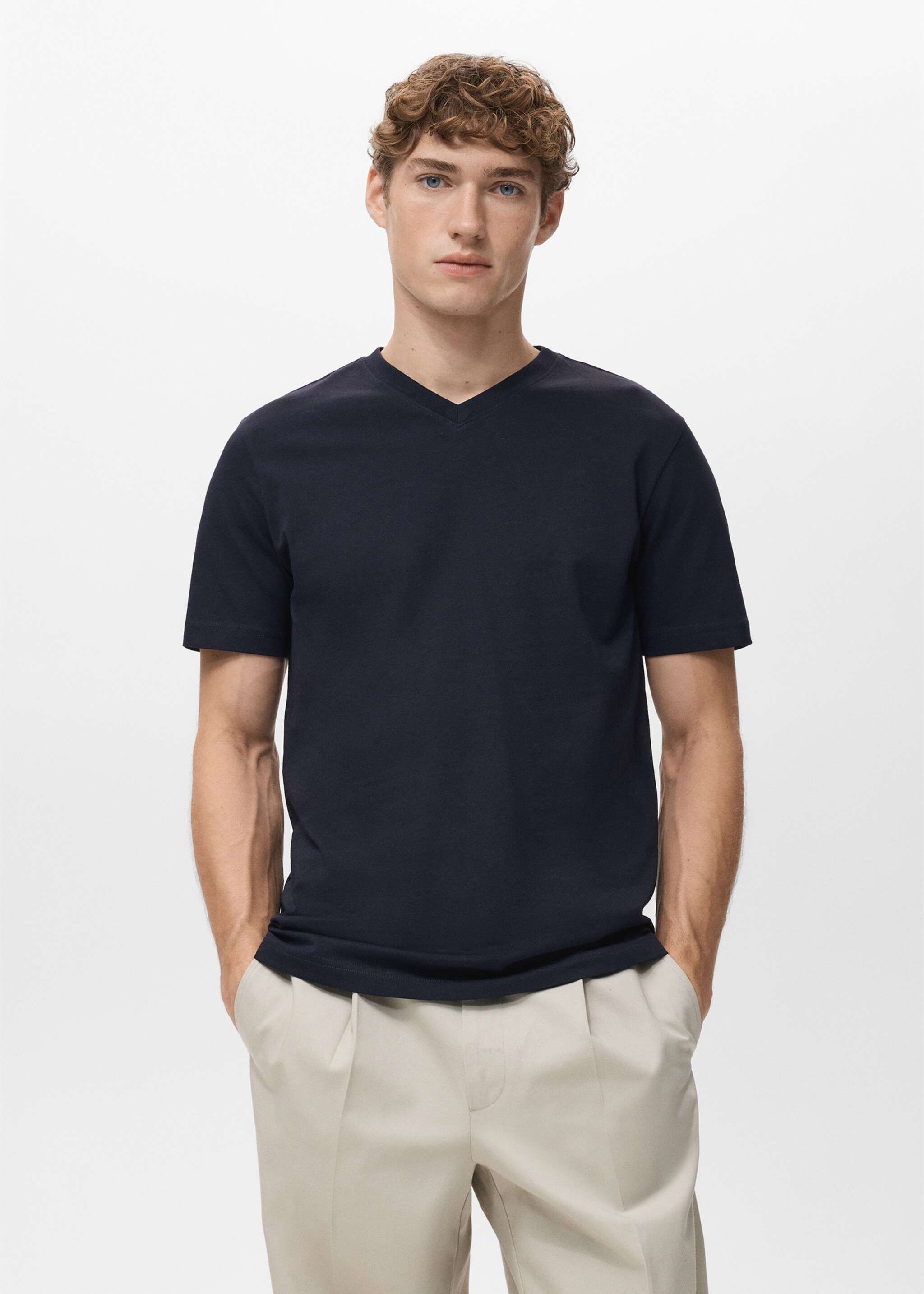 100% cotton slim-fit V-neck t-shirt - Medium plane, Navy. Ref: 27061261-00.