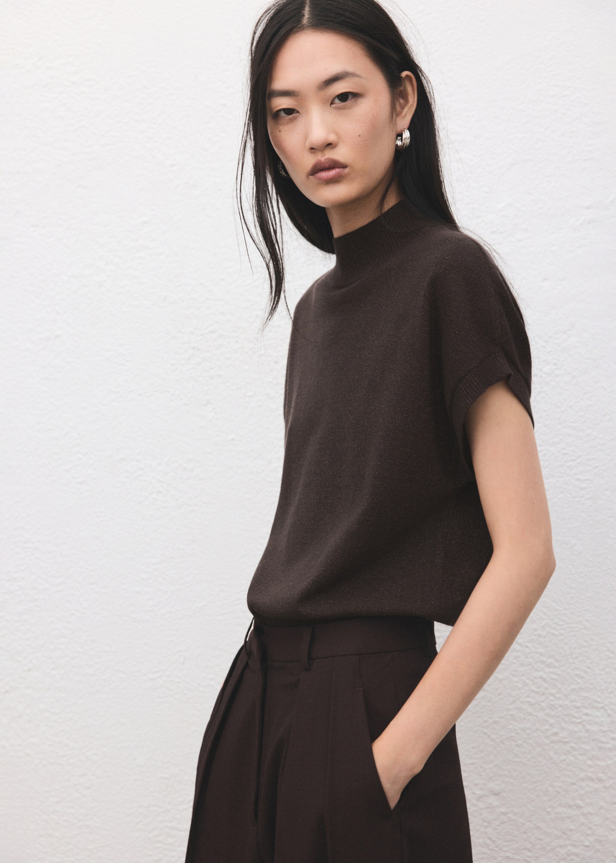 Short-sleeved lurex sweater - Medium plane, Chocolate. Ref: 27061262-00.