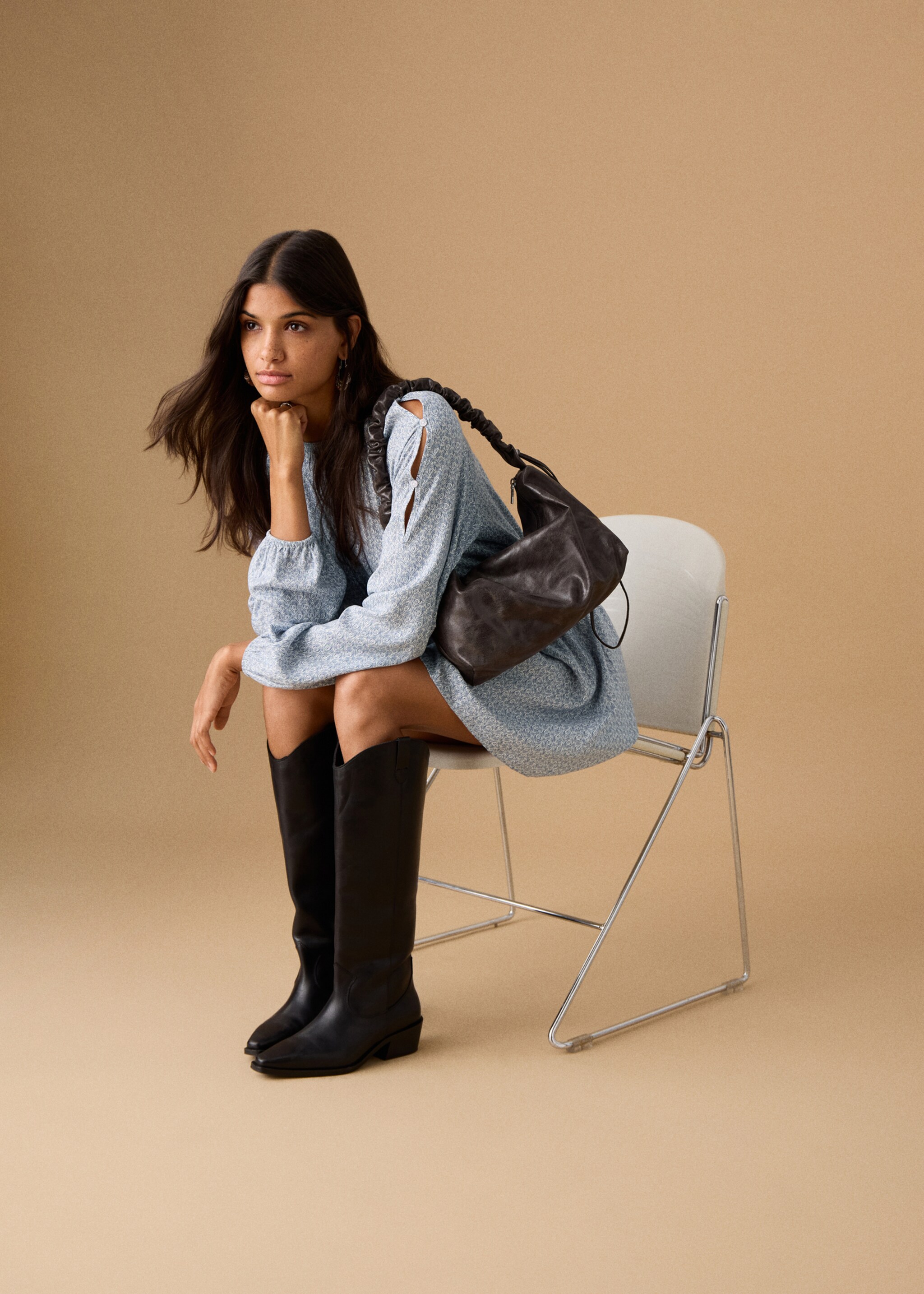 Lurex cut-out print dress - Details of the article 2, Sky Blue. Ref: 27061273-00.