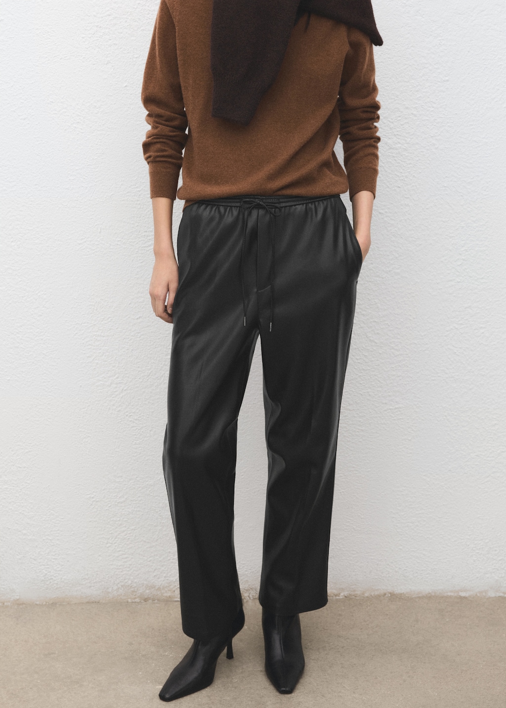 Faux-leather pants with elastic waist