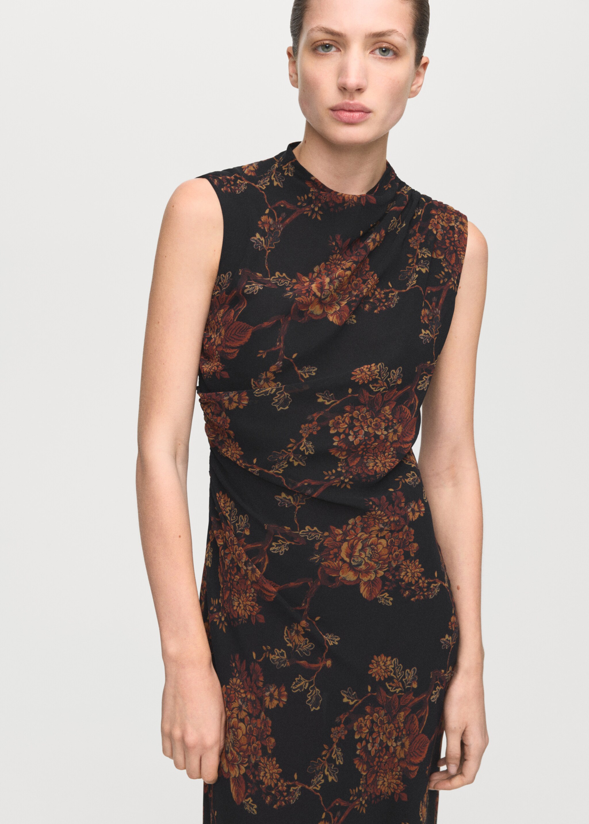 Ruched floral-print dress - Medium plane, Black. Ref: 27061323-00.