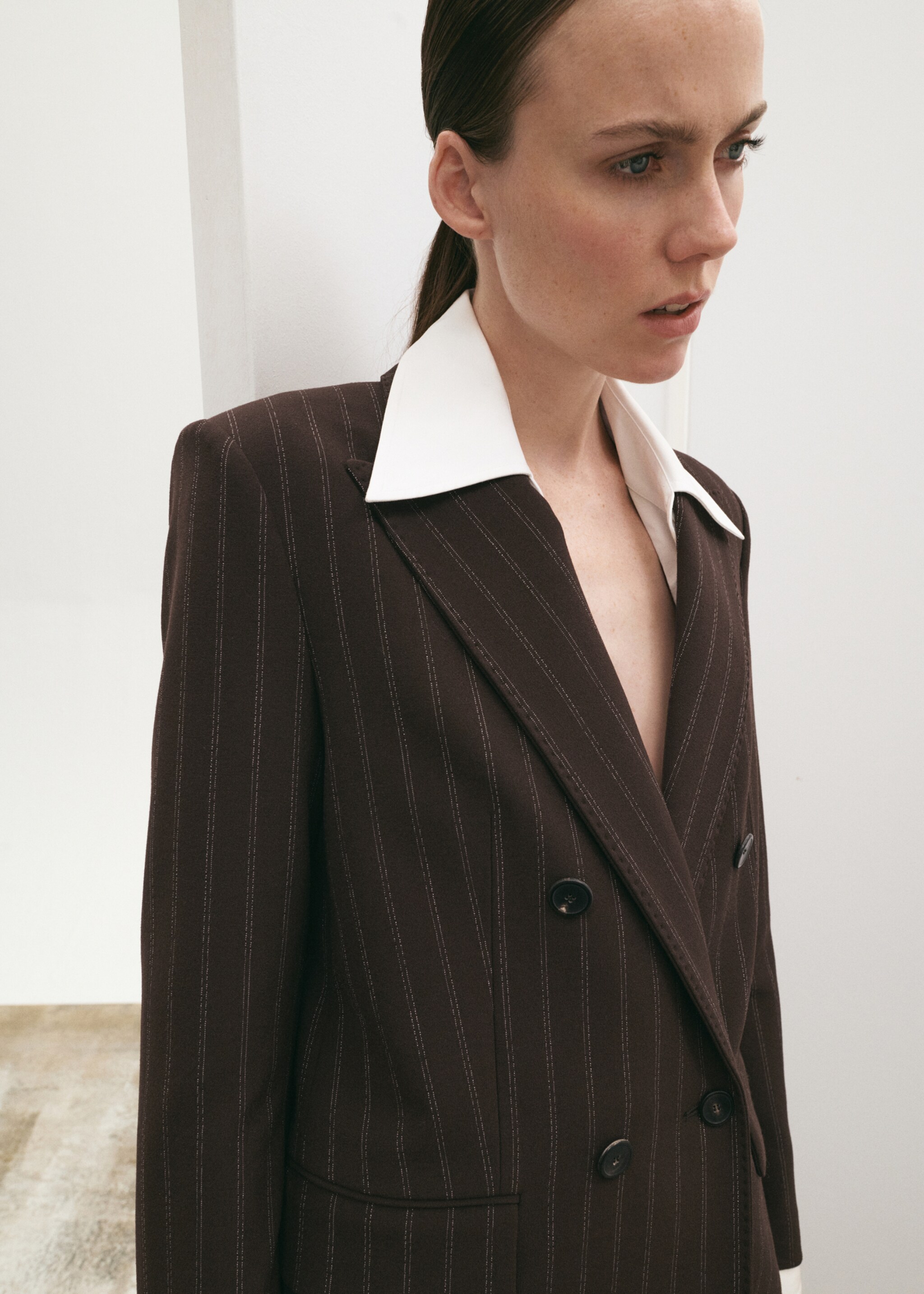 Double-breasted pinstripe suit jacket - Details of the article 1, Brown. Ref: 27061338-00.