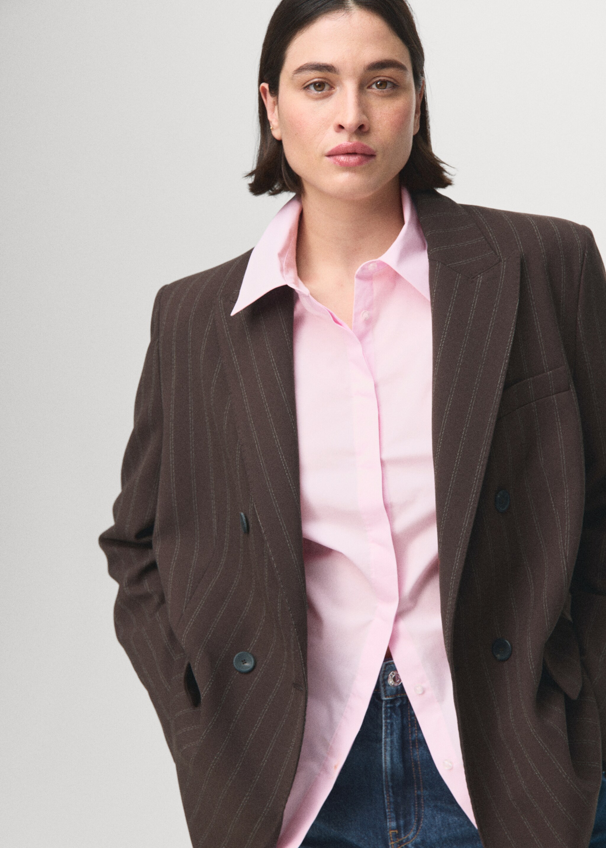 Double-breasted pinstripe suit jacket - Details of the article 4, Brown. Ref: 27061338-00.