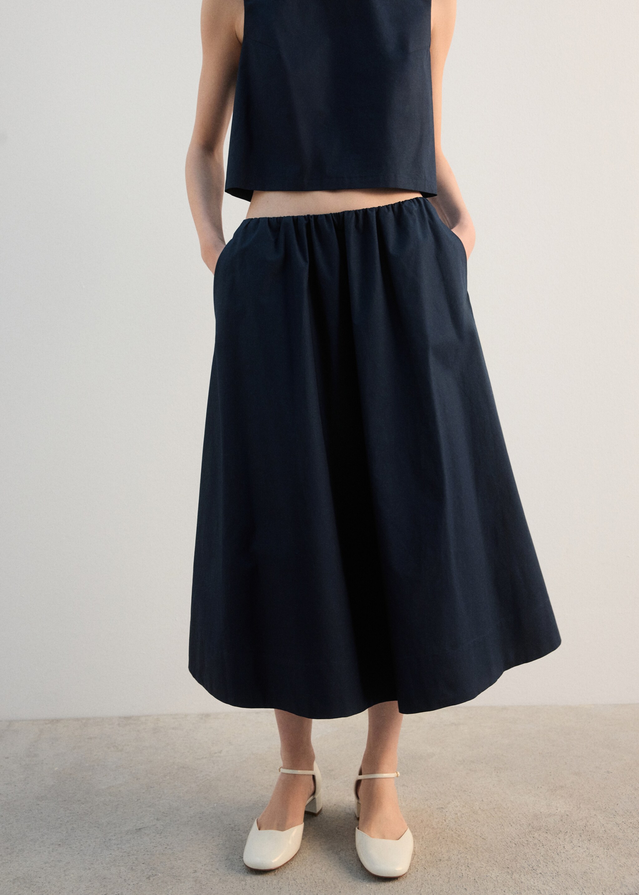 Midi cotton skirt with pleats - Medium plane, Navy. Ref: 27062538-00.