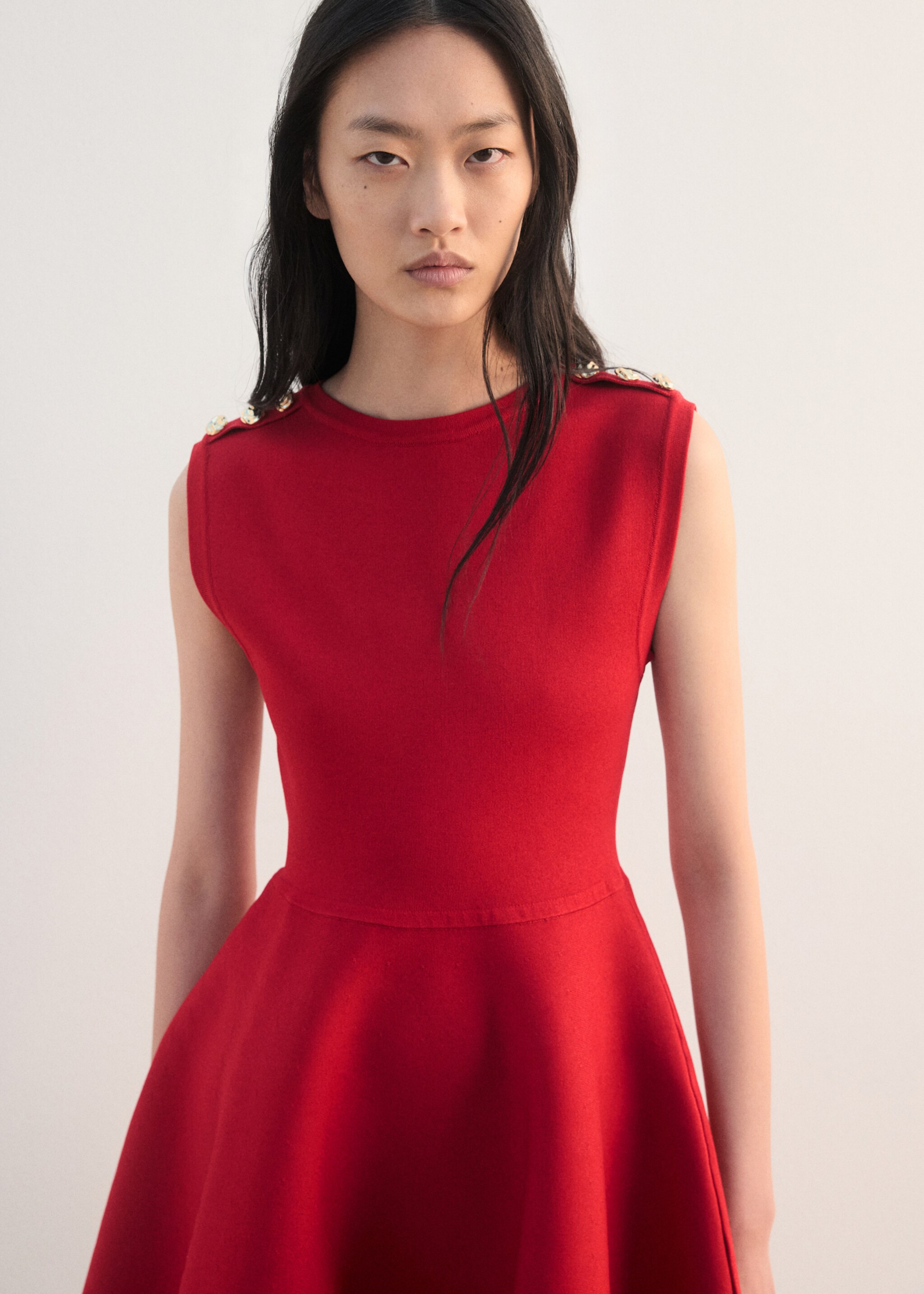 Peplum knit dress with buttons - Medium plane, Red. Ref: 27062541-00.