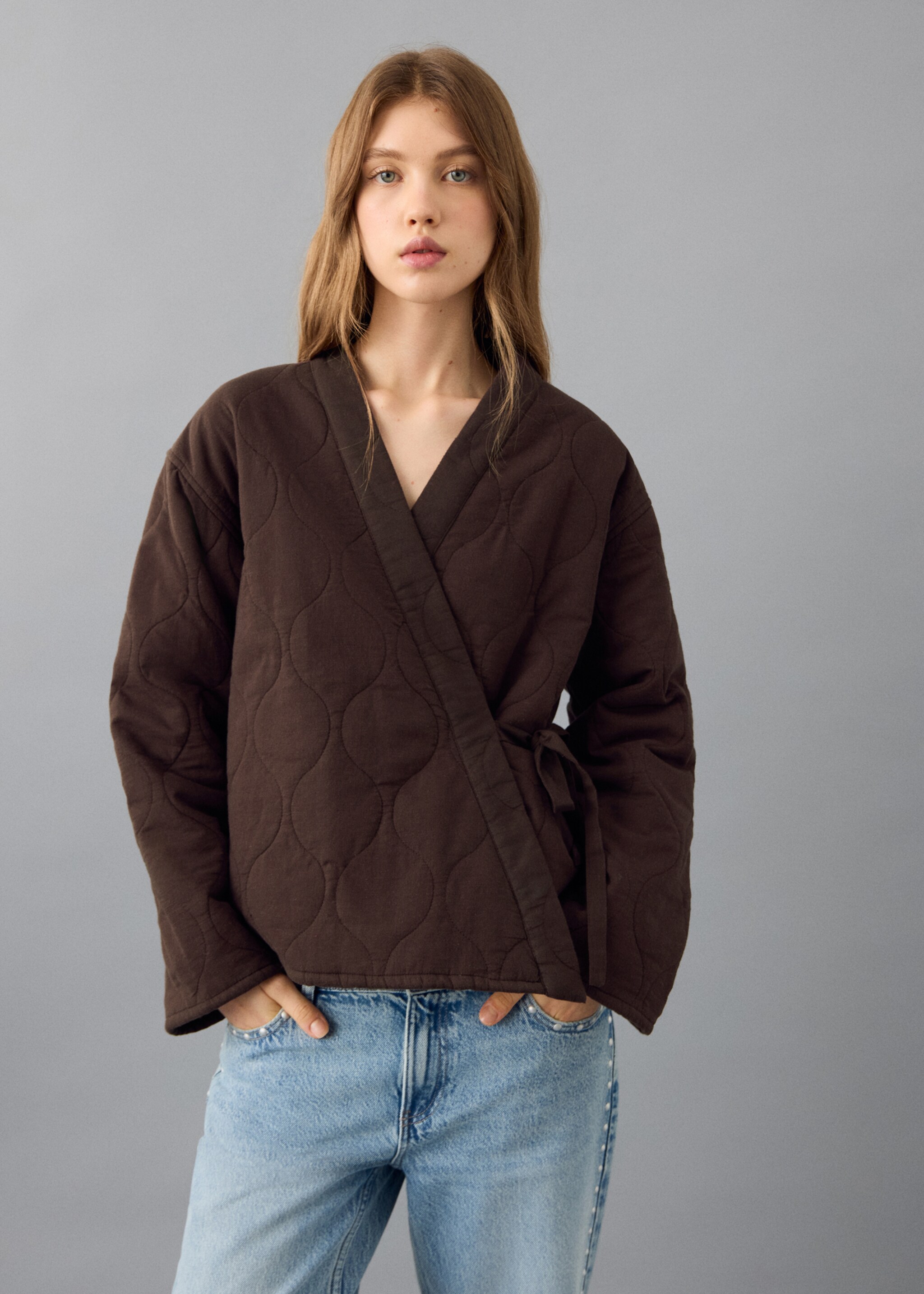 Quilted kimono with tie - Medium plane, Brown. Ref: 27062545-00.