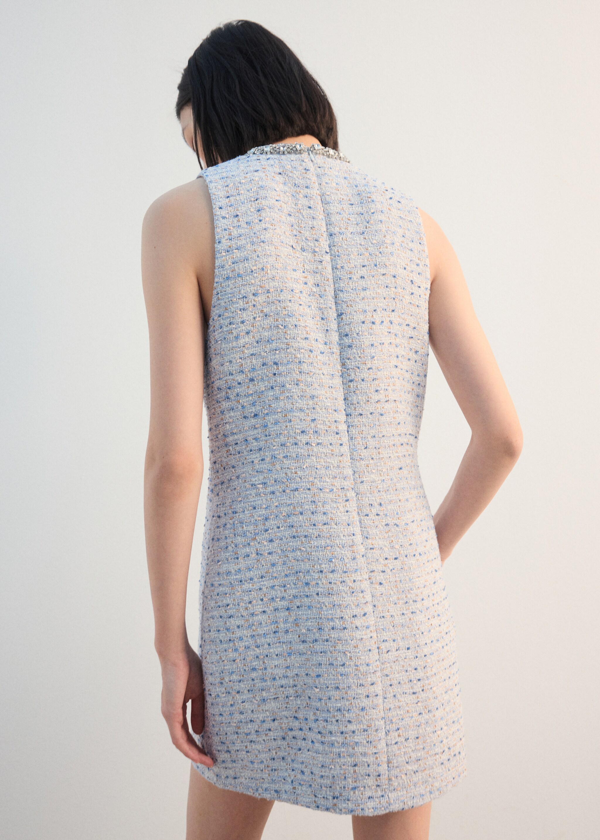 Tweed dress with bejewelled collar - Reverse of the article, Sky Blue. Ref: 27062546-00.
