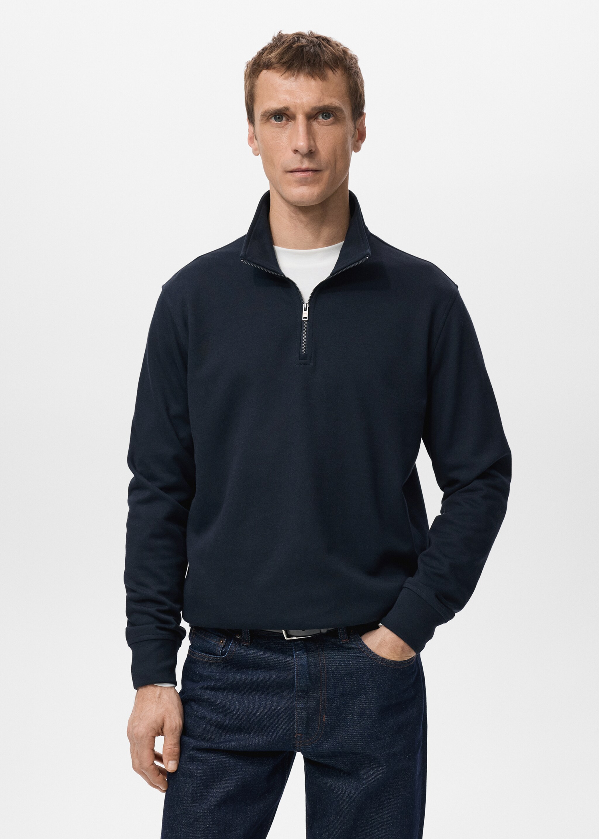 Sweat-shirt regular-fit col zippé - Plan moyen, Bleu marine. Ref: 27062887-00.