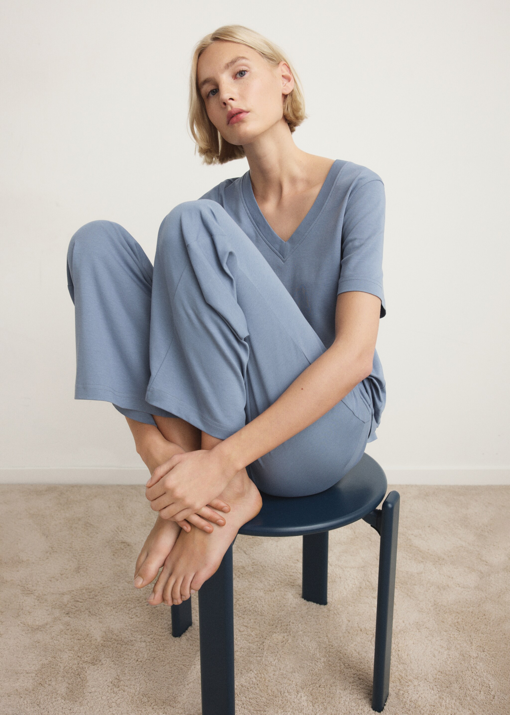 Cotton short-sleeved pyjama t-shirt - Details of the article 1, Blue. Ref: 27063317-00.
