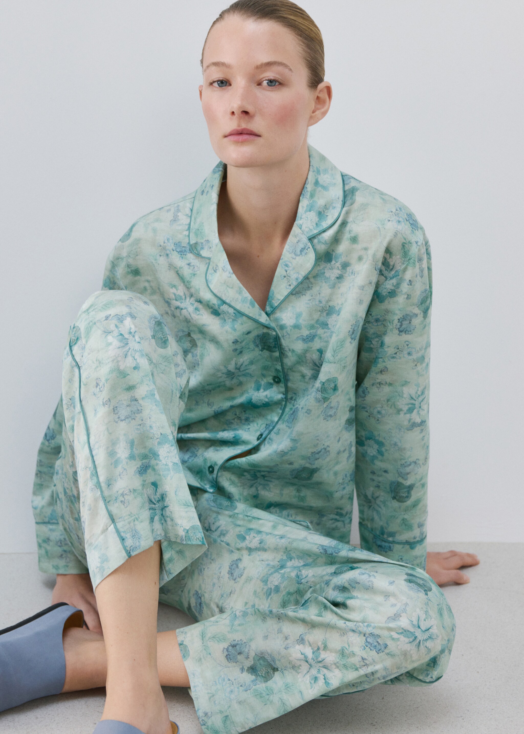 Printed piping pyjama top - Details of the article 2, Mint Green. Ref: 27063321-00.