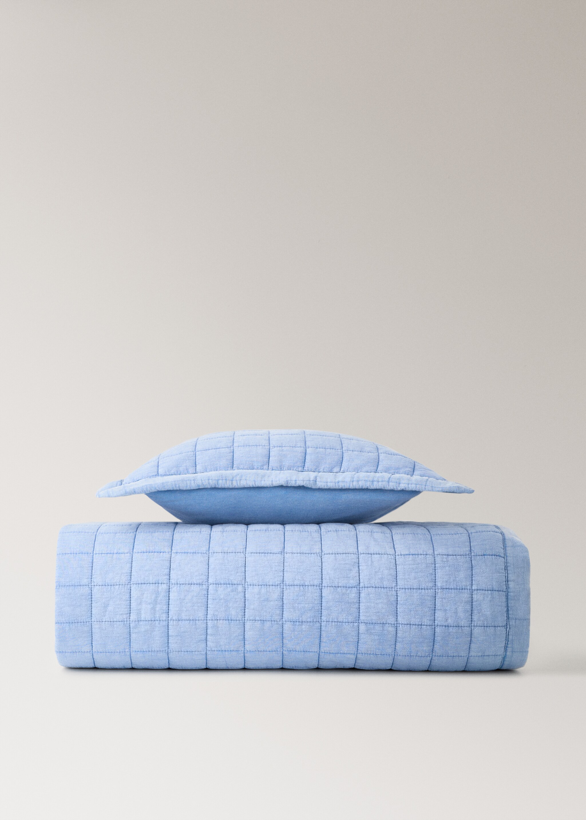 Children's cotton cushion cover with stitched check design - Details of the article 5, Blue. Ref: 27064054-00.