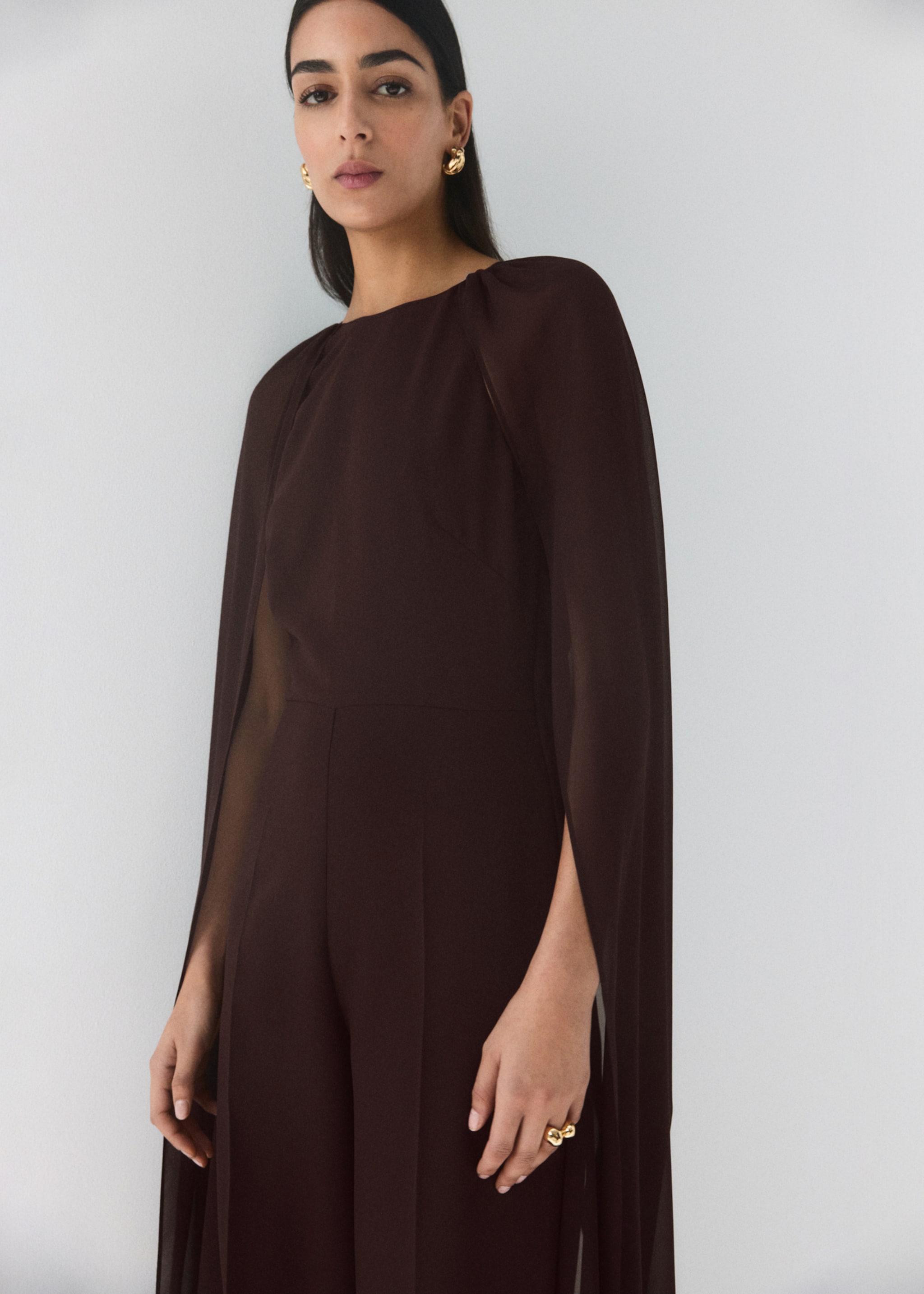 Long sleeved jumpsuit with slits - Medium plane, Chocolate. Ref: 27064088-00.
