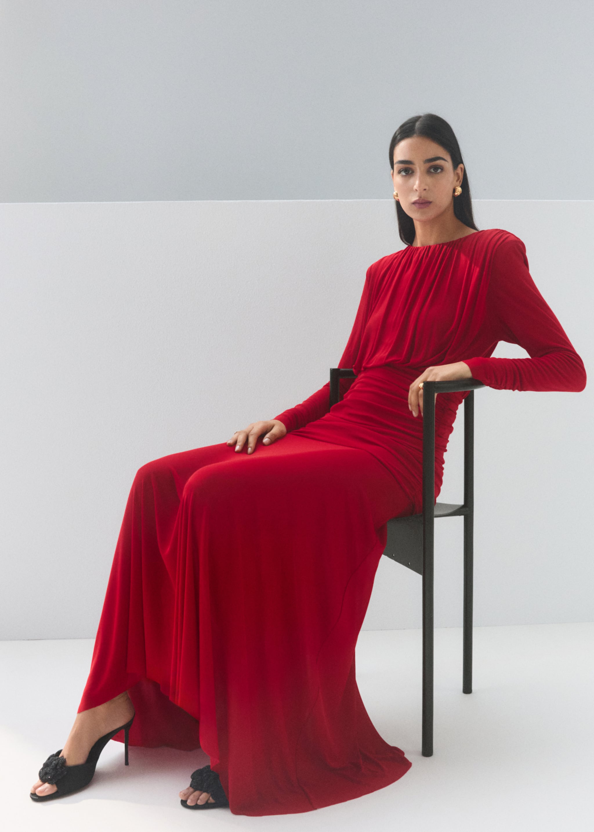 Draped flared dress - Details of the article 2, Red. Ref: 27064096-00.