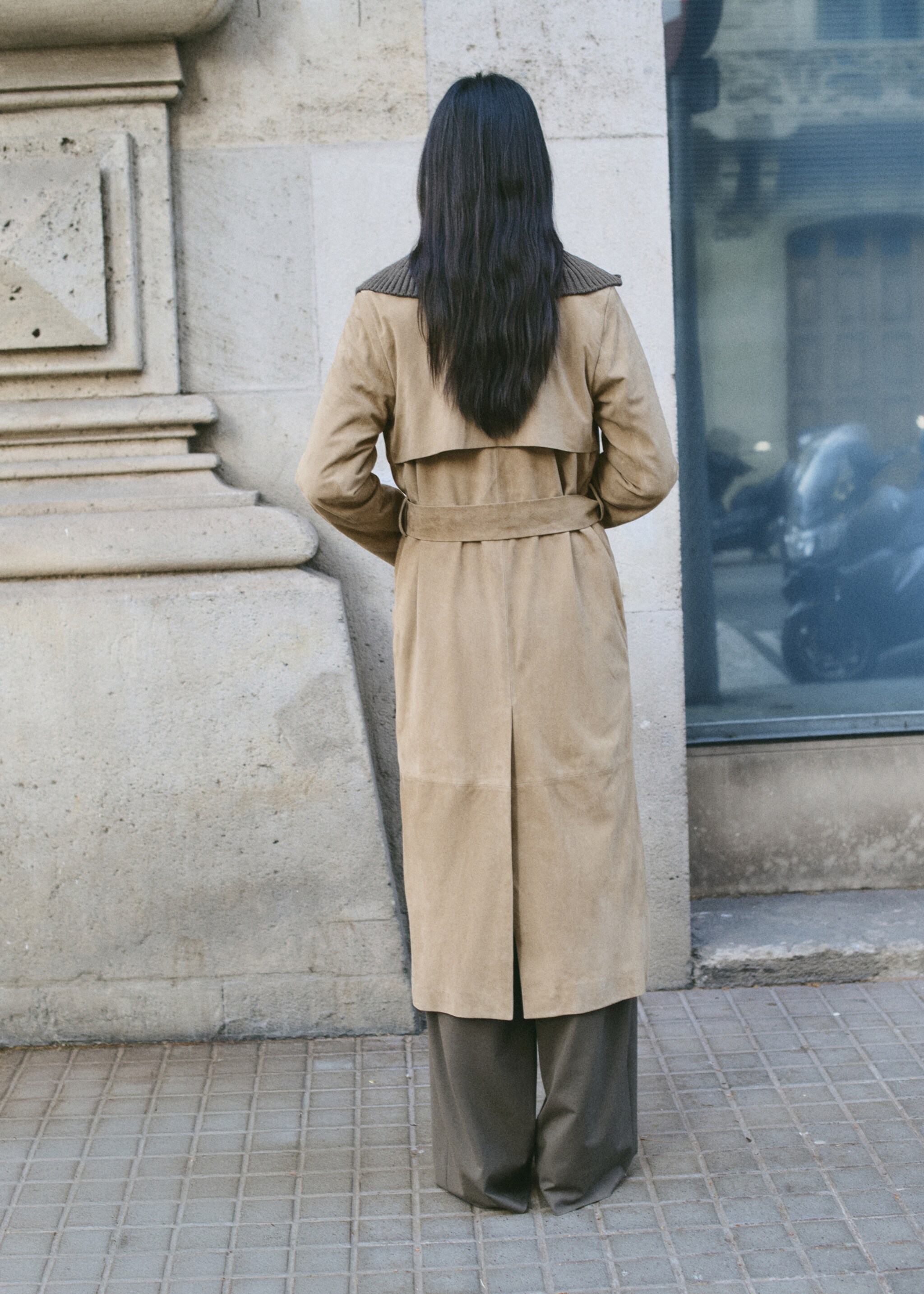 Suede trench 100% leather with belt - Reverse of the article, Medium Brown. Ref: 27064433-00.