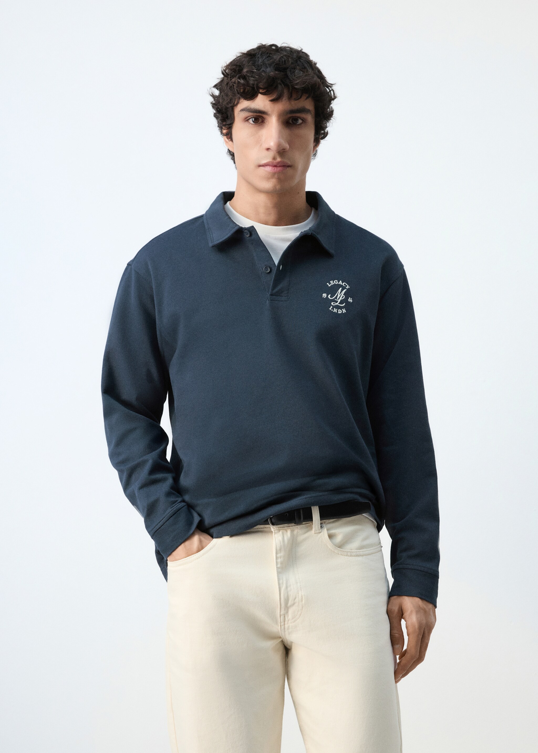 100% cotton polo shirt with graphic embroidery - Medium plane, Navy. Ref: 27064438-00.