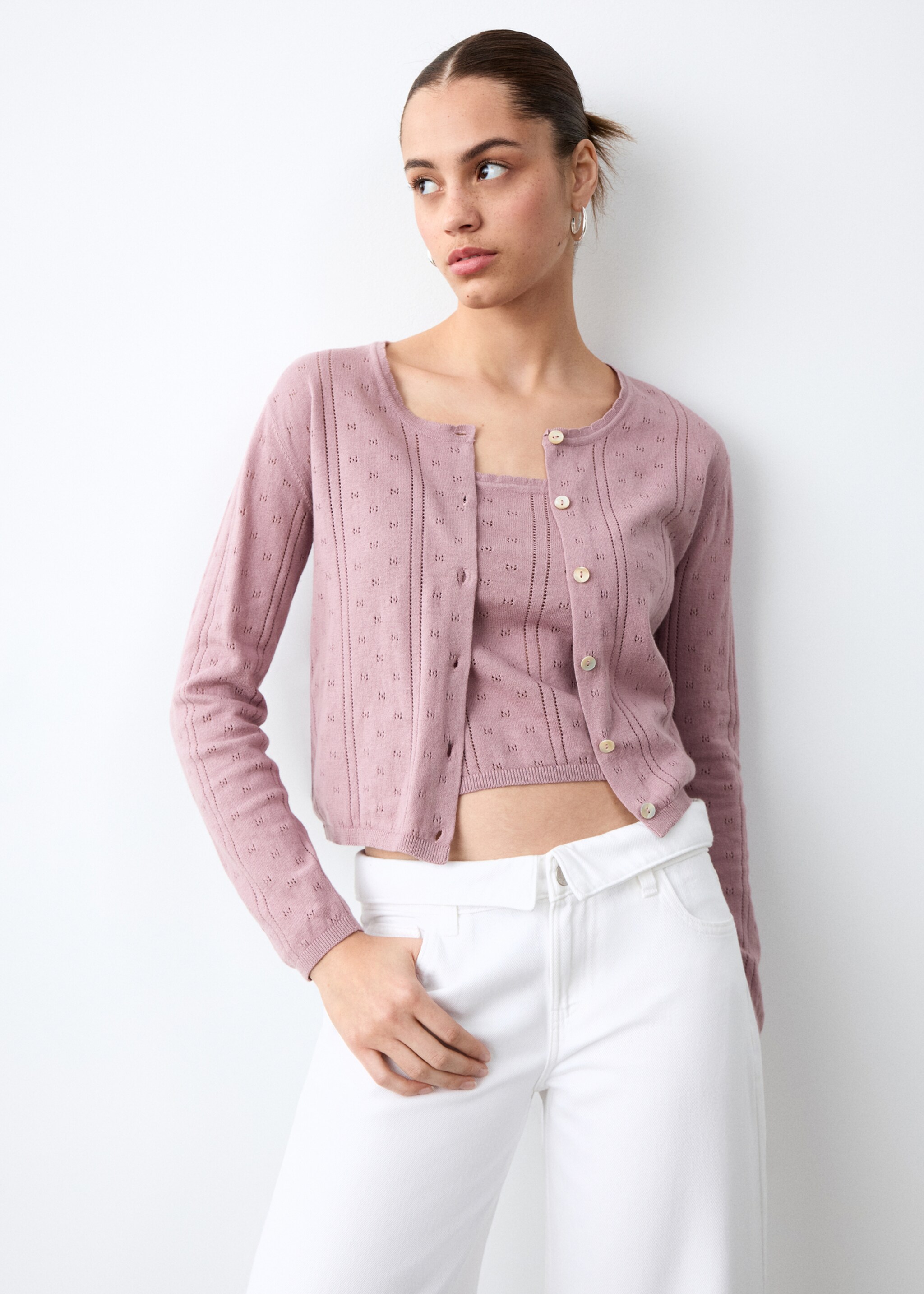 Openwork knit cardigan - Medium plane, Pink. Ref: 27064770-00.