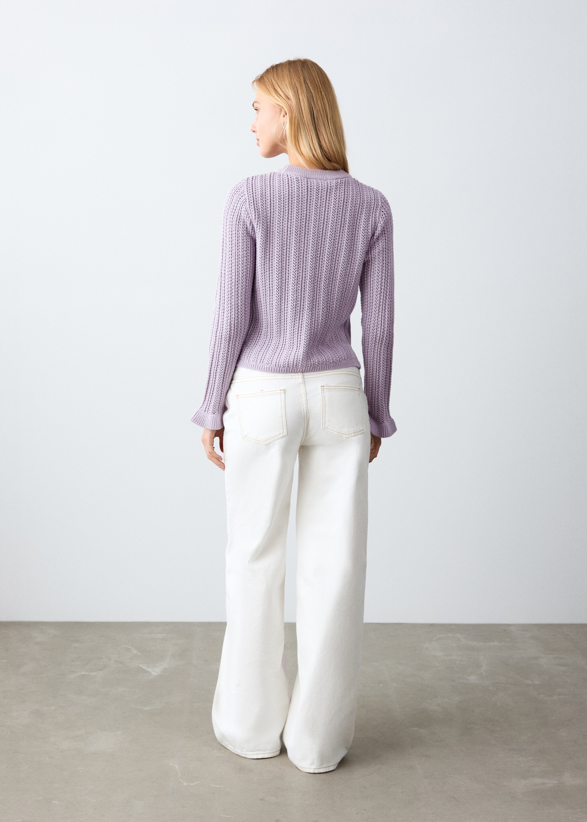 Openwork knitted sweater with ruffles - Reverse of the article, Light/Pastel Purple. Ref: 27064771-00.