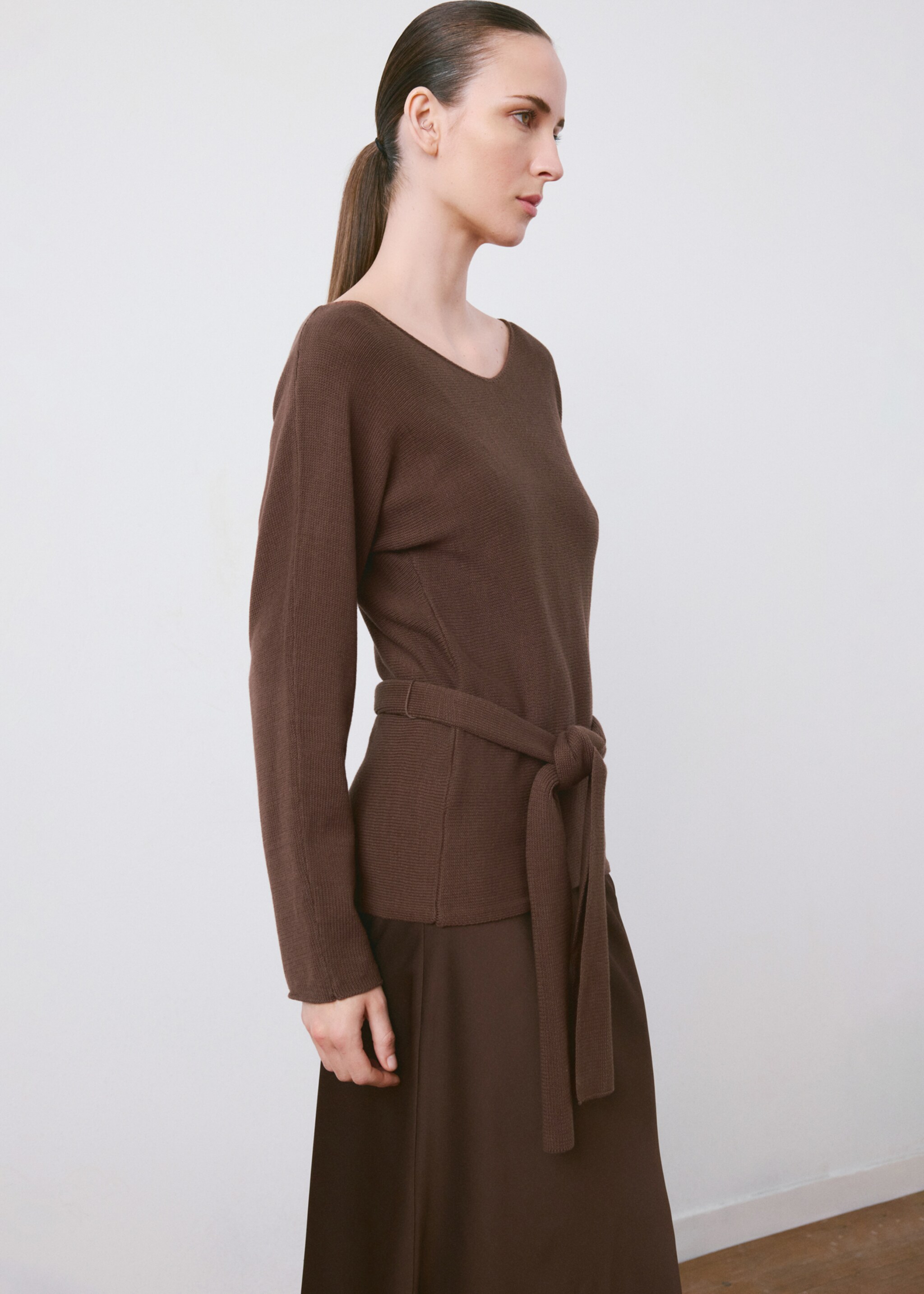 Knit belt sweater - Medium plane, Chocolate. Ref: 27065819-00.