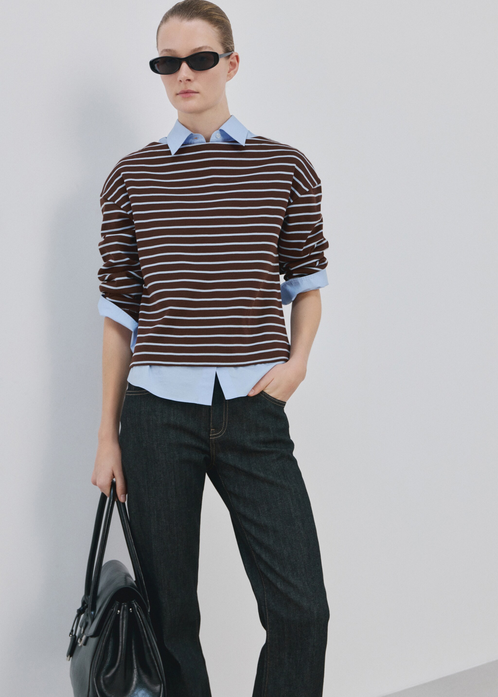 Striped boat neck sweatshirt - Details of the article 2, Chocolate. Ref: 27065823-00.