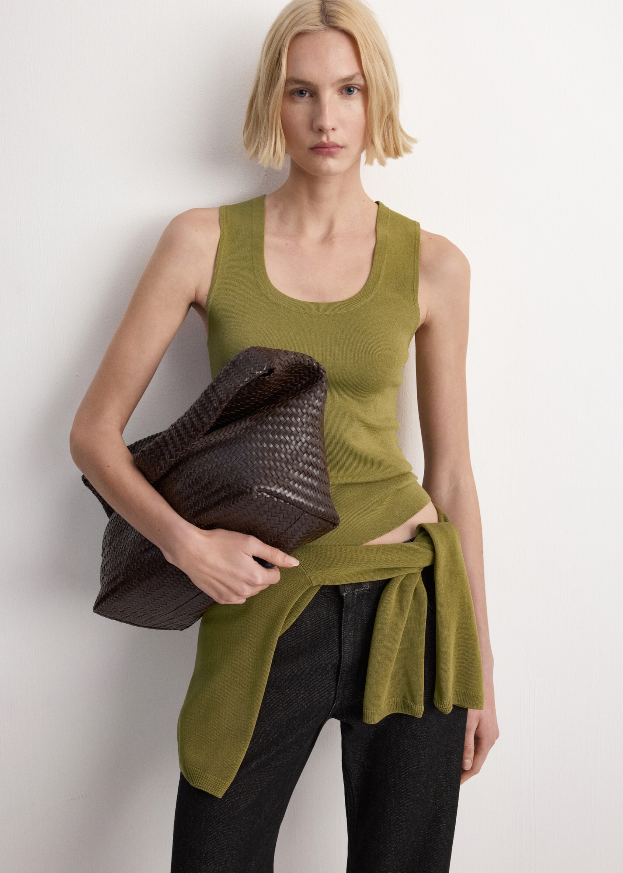 Top maille coton lin - Plan moyen, Vert. Ref: 27065834-00.